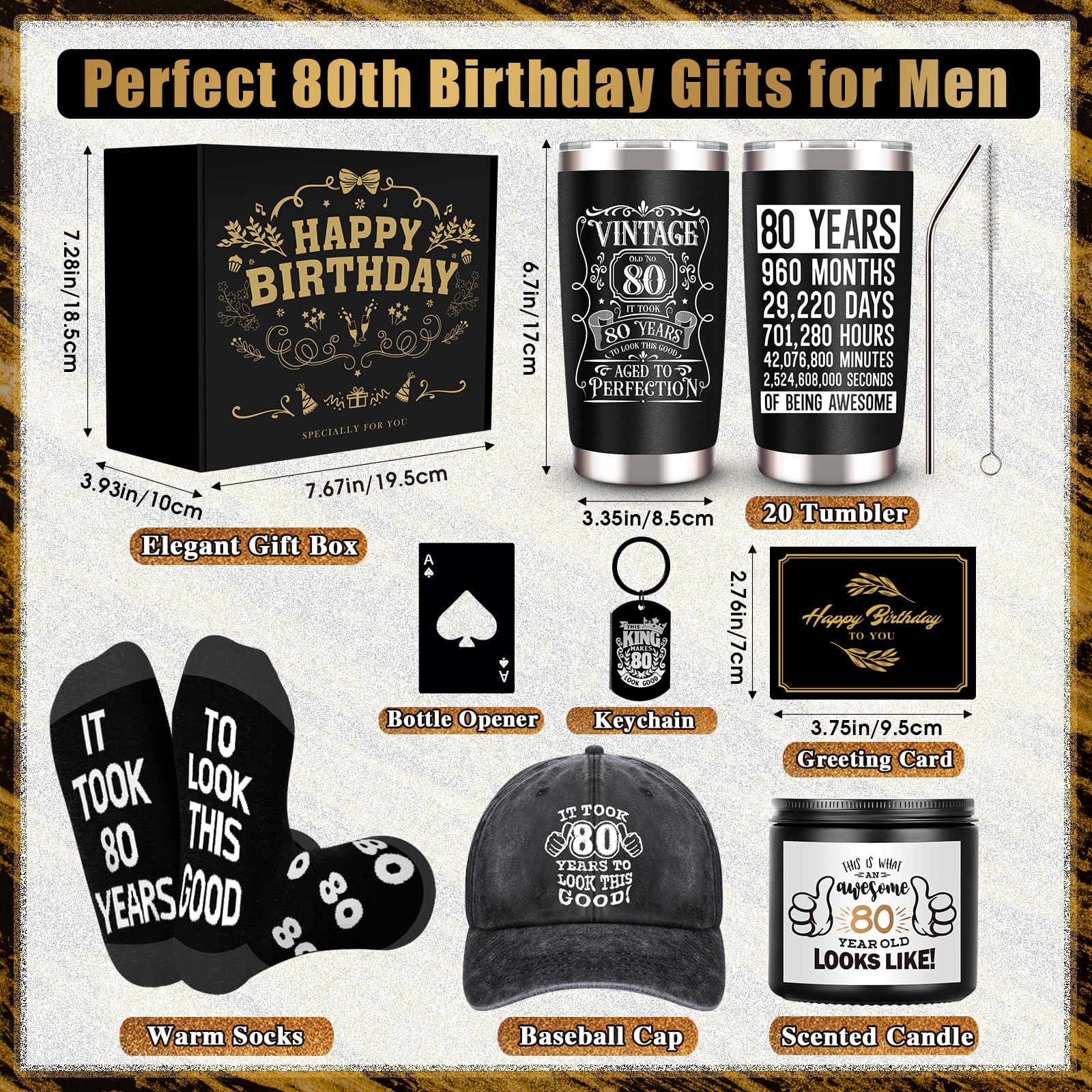JTAMOHI 80th Birthday Gifts for Men, Unique 80 Year Old Birthday Gifts Box with 20 Oz Tumbler, Scented Candle, Socks, Baseball C