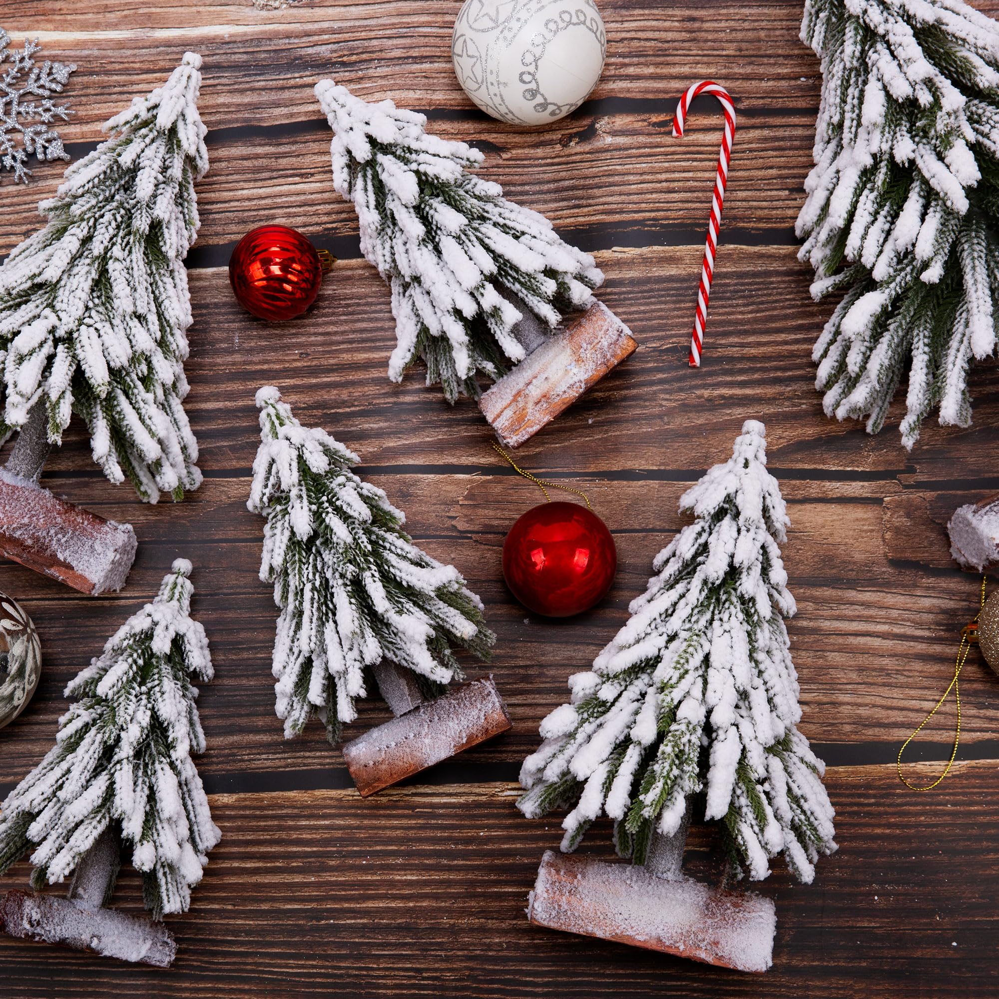 VGIA 6pcs Mini Christmas Tree Small Christmas Tree Artificial Separate Tabletop Trees with Spray Snow Wooden Bases for Winter Vi