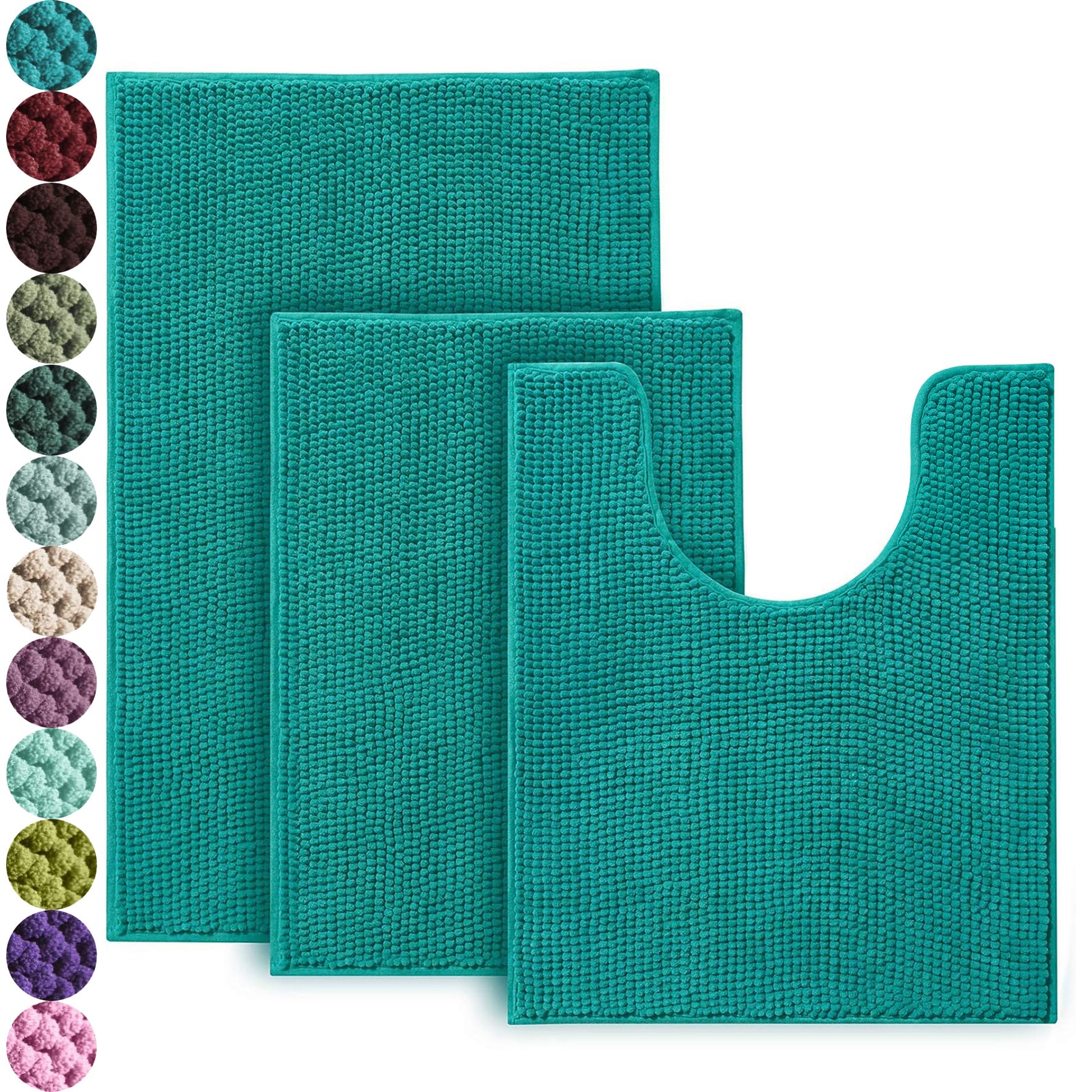 Urvoix 3 Pieces Bathroom Rugs Set  Non-Slip Chenille Bath Rug  Ultra Soft and Super Absorbent Bath Mat for Bathroom  Toilet and Tub (Teal)