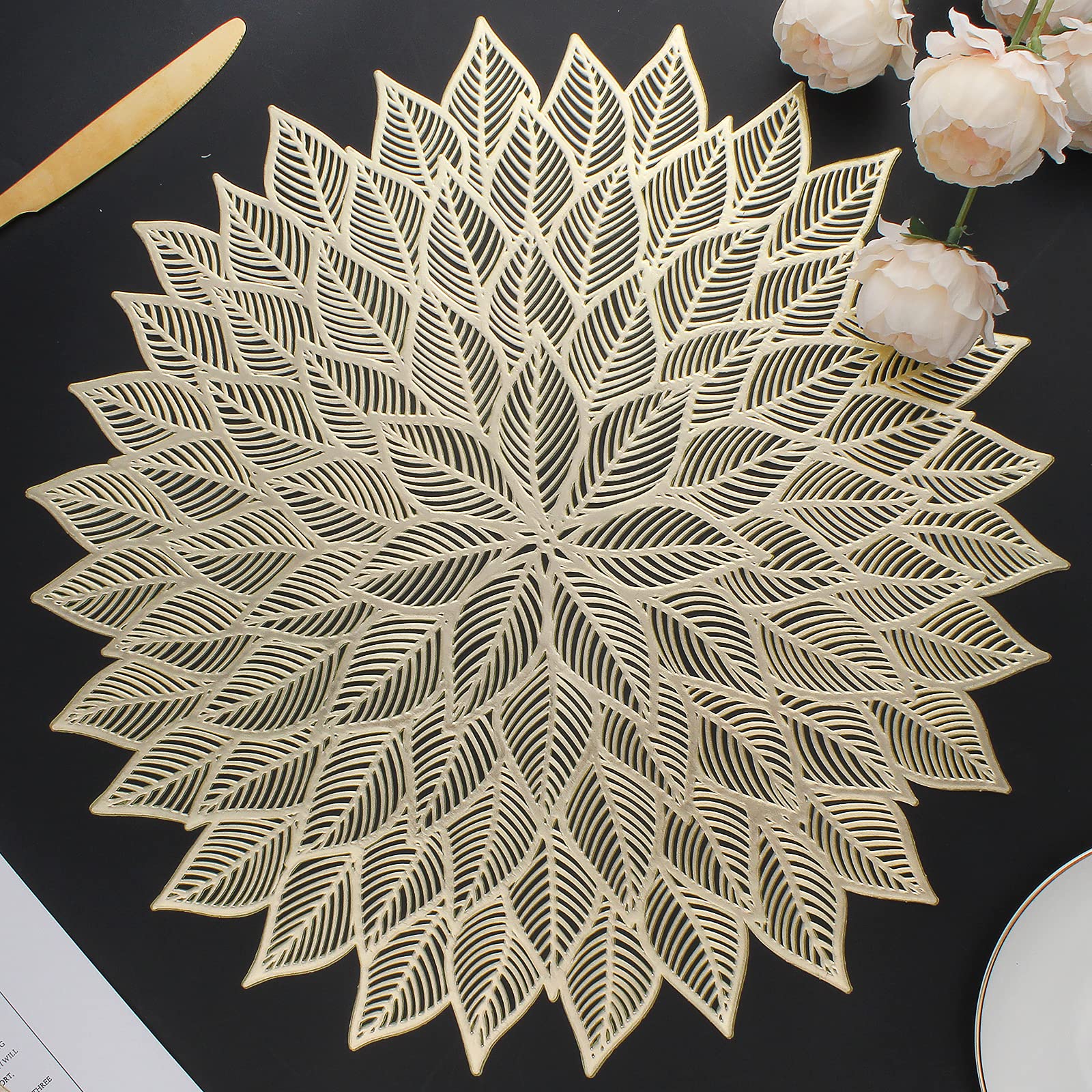 Mabbcoo Placemats Set Of 6, Round Hollow Out Flowers Place Mats For Dining Table Pressed Vinyl Blooming Leaf Table Mats For Holi