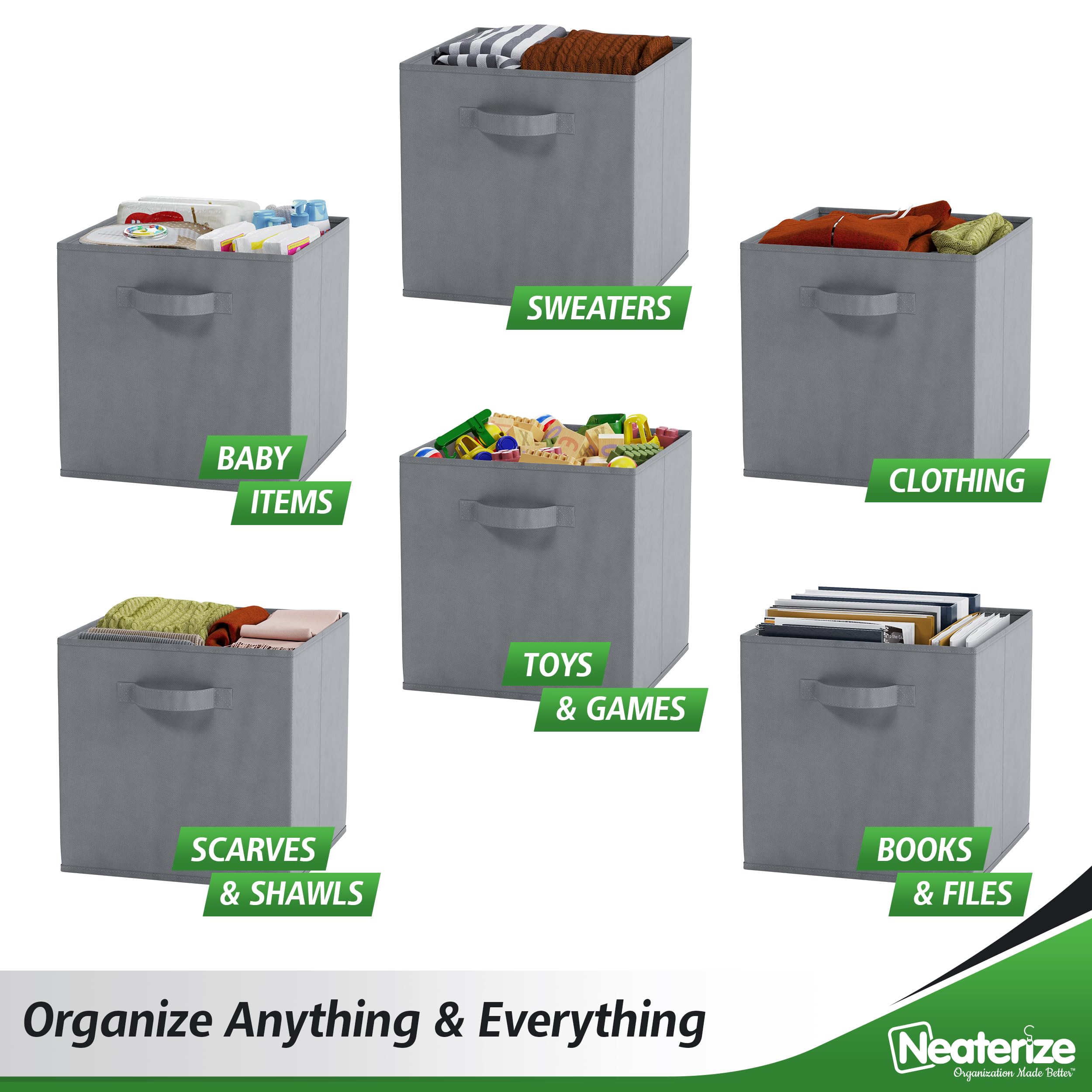 Neaterize Fabric Storage Cubes For Cube Organizer - 8 Pack Heavy Duty Grey Storage Bins - 13 Inch Cube Storage Bin, Use As A Clo
