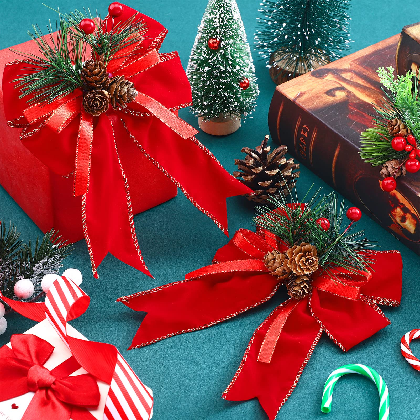 Syhood 6 Pcs Christmas Bows with Pine Cones Pine Needles Xmas Velvet Bows Red Ribbon Christmas Tree Wreath Decoration for Xmas P