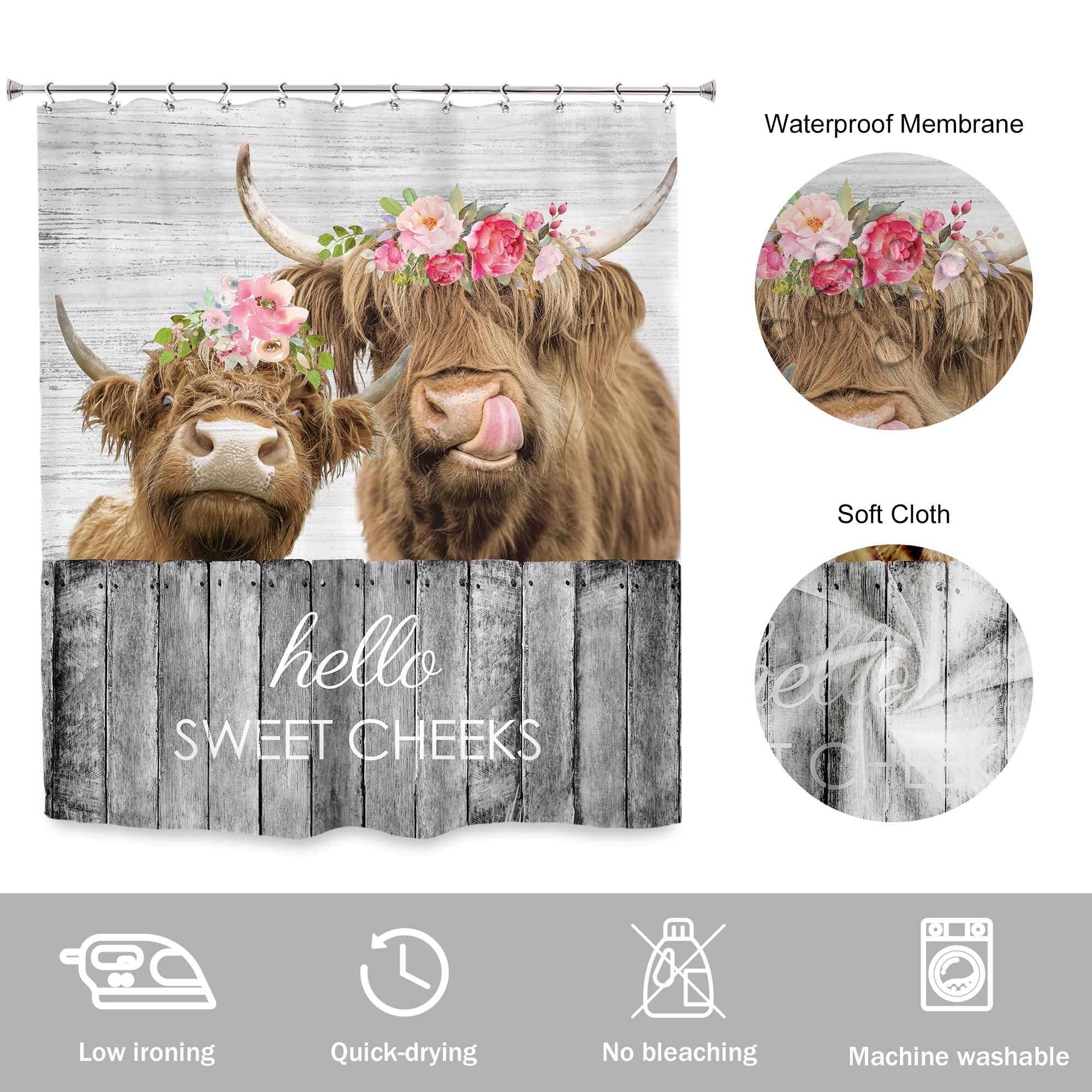 Newsely Farmhouse Highland Cow Shower Curtain 60Wx72H Inch Rustic Bull Western Funny Animal Floral Wood Board Shower Curtain Bat