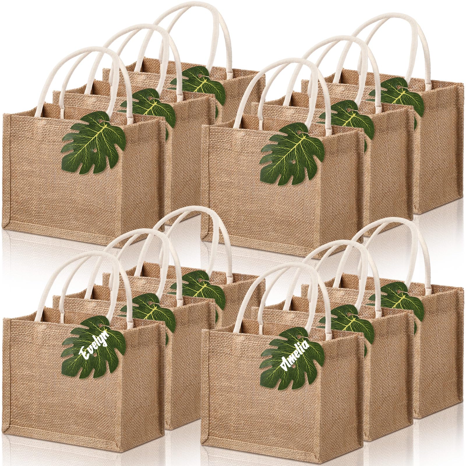 12 Pcs Burlap Jute Tote Bags Beach Bachelorette Gift Bag with Handles Tissue Paper Monstera Tag for Bridesmaid Party Favor(Small