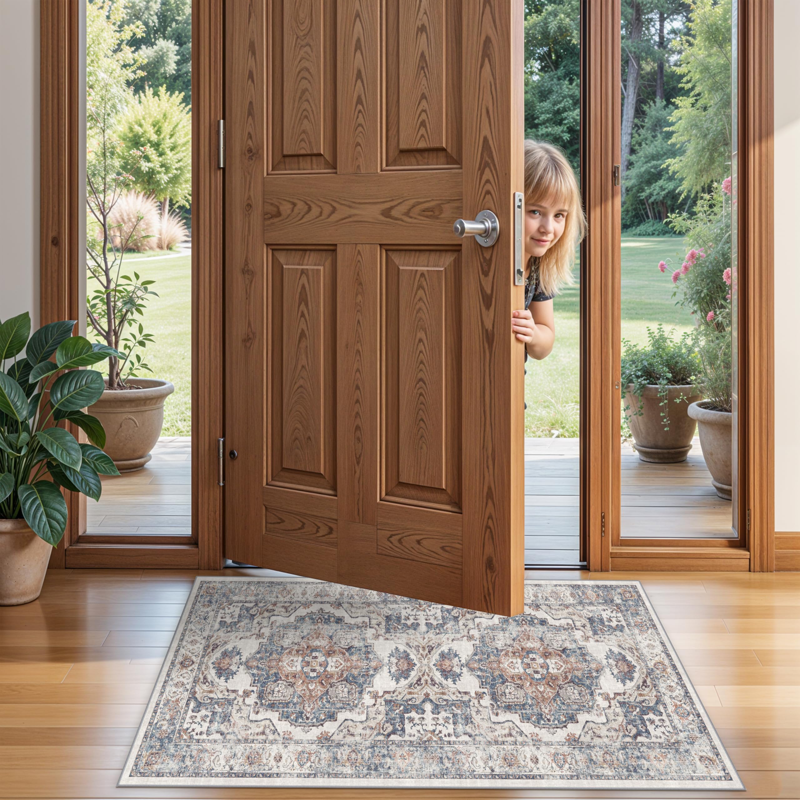 2x4 Washable Kitchen Runner Rug: Vintage Non-Slip Low Pile Entryway Area Rugs Thin Light Weight Carpet for Nursery Bedroom Soft