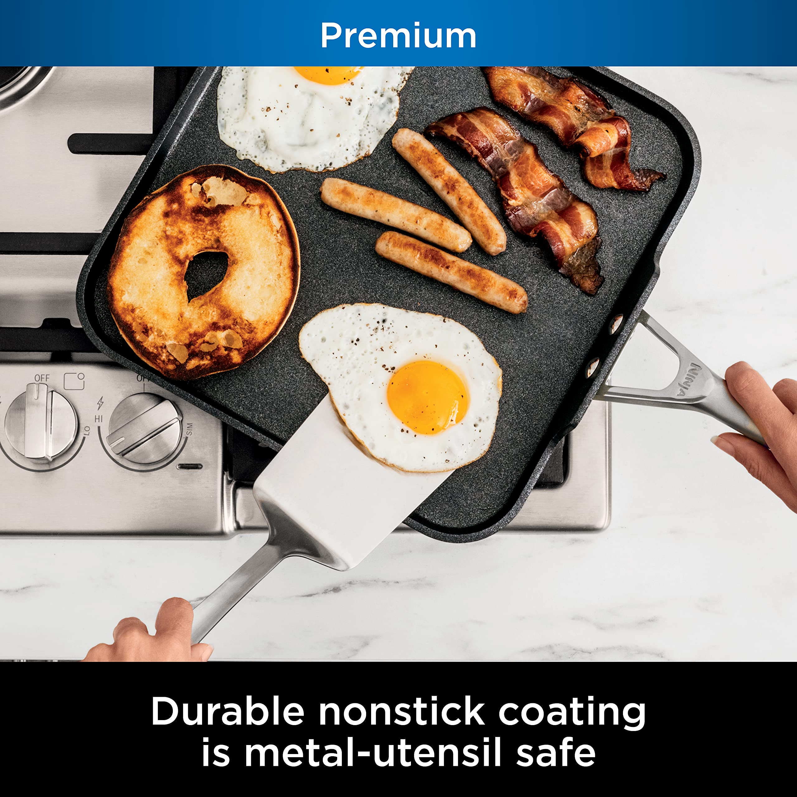 Ninja C30628 Foodi Neverstick Premium 11-Inch Square Griddle Pan, Hard-Anodized, Nonstick, Durable & Oven Safe To 500F, Slate Gr