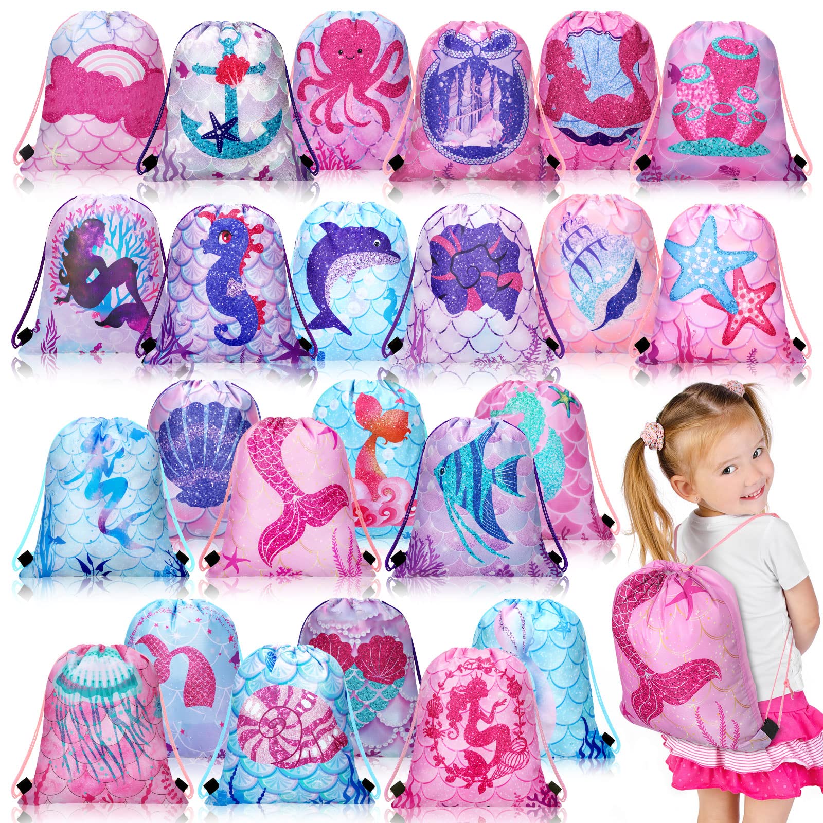Shappy 24 Pack Drawstring Party Favors Bags Cartoon Animal Candy Goodie for Boys Birthday Kids Gift Return Girls Supplies(Mermai