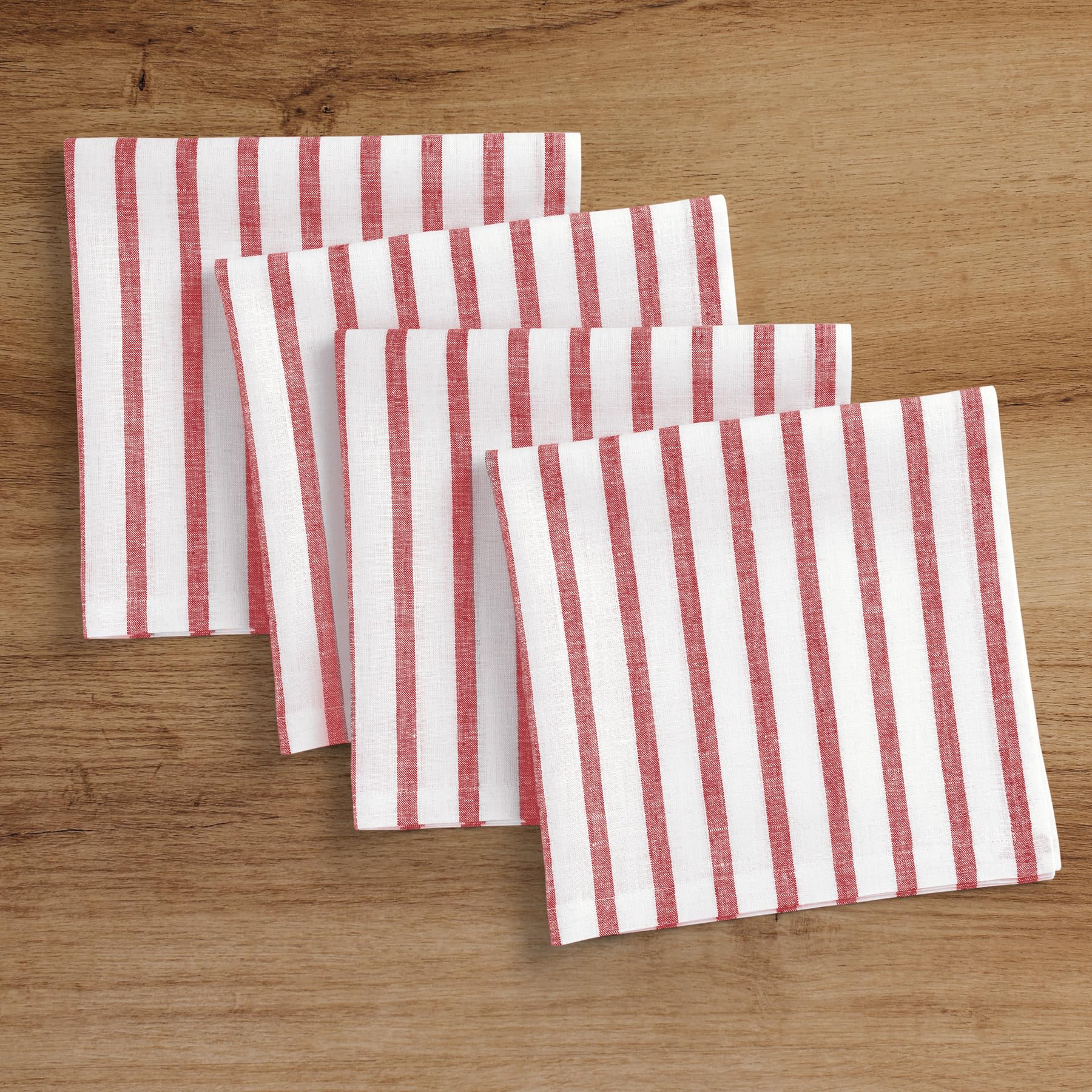 Solino Home Stripe Linen Dinner Napkins 20 X 20 Inch - 100% Pure Linen Red And White Cloth Napkins Set Of 4 For Spring - Madison