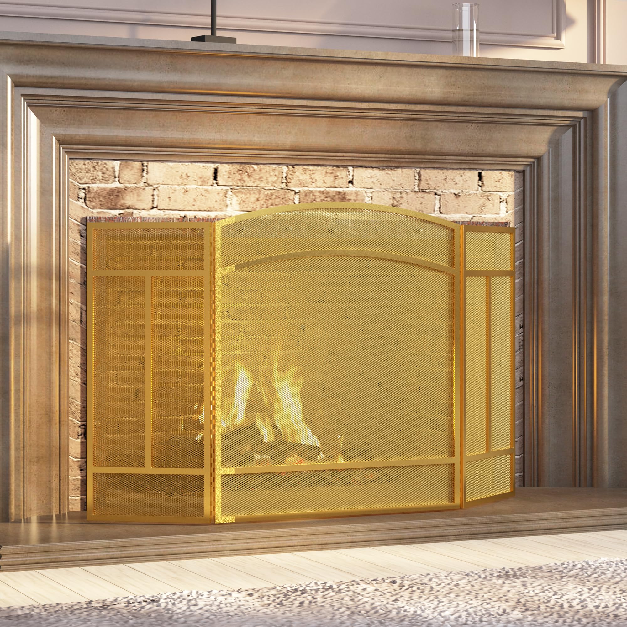 Fire Beauty Fireplace Screen 3 Panel Wrought Iron 48''(L) X 29''(H) Spark Guard Cover(Golden Dusting)