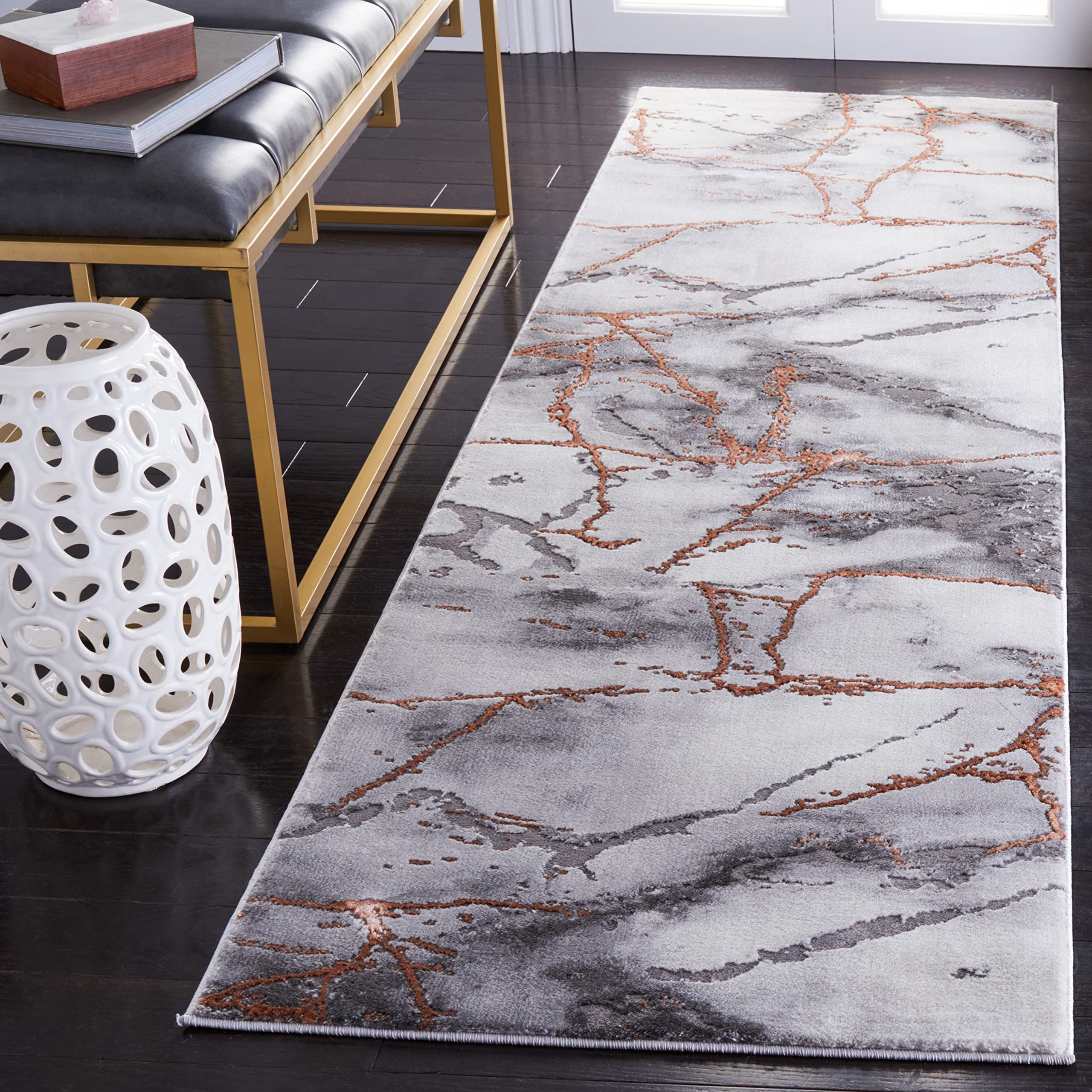 SAFAVIEH Craft Collection Runner Rug - 23 x 16, Grey & Orange, Modern Abstract Marble Pattern Design, Non-Shedding & Easy Care