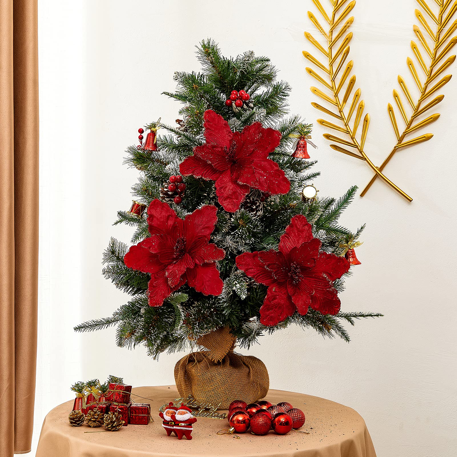 GreenHouzz 10 Pcs Large Poinsettias Christmas Tree Flower Glitter Silk Flower Picks Ornaments for Wreath Garland Wedding Decorat