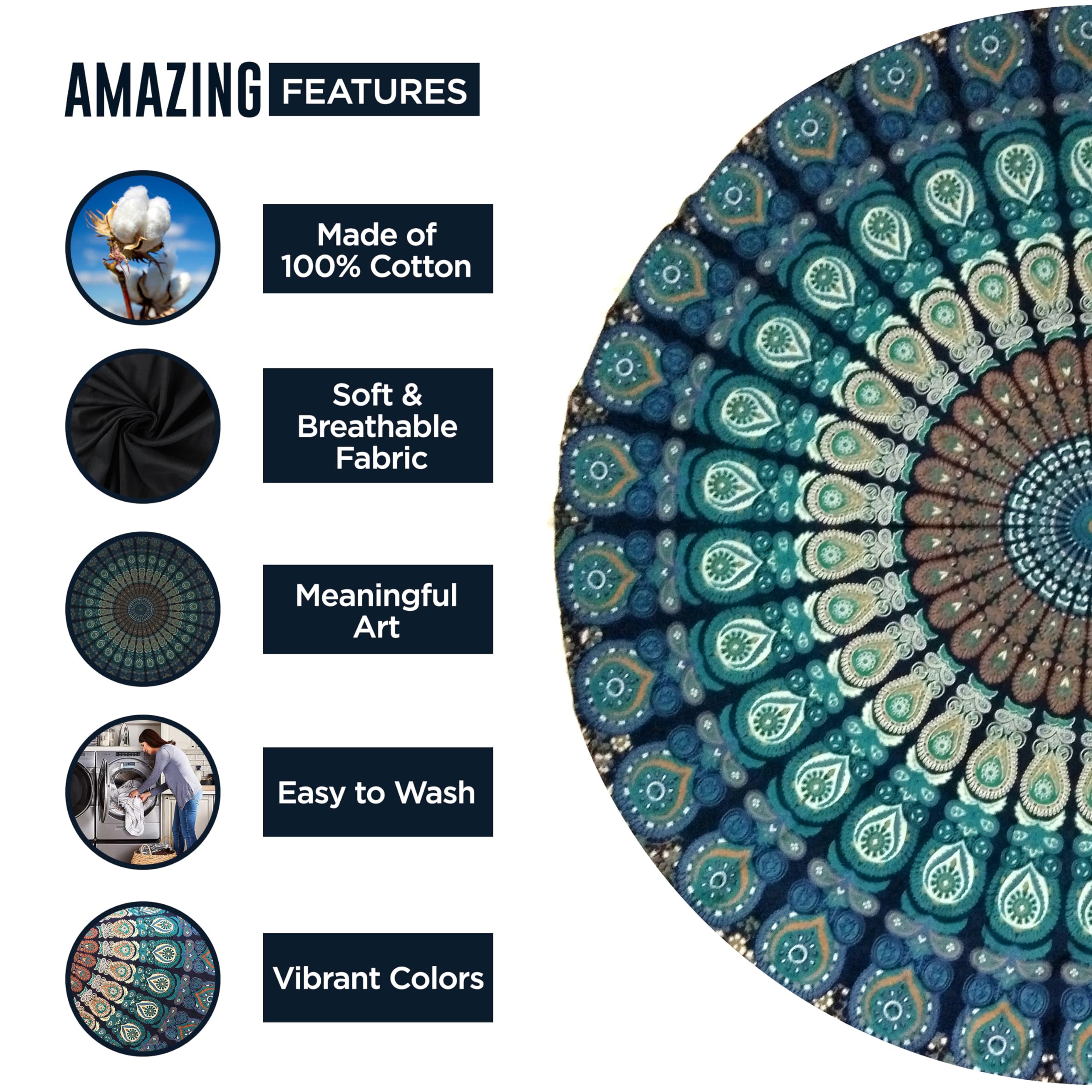 Raajsee Round Beach Tapestry Turquoise Mandala Throw/Boho Hippie Beach Blanket Roundie/Indian Cotton Bohemian Large Round Table