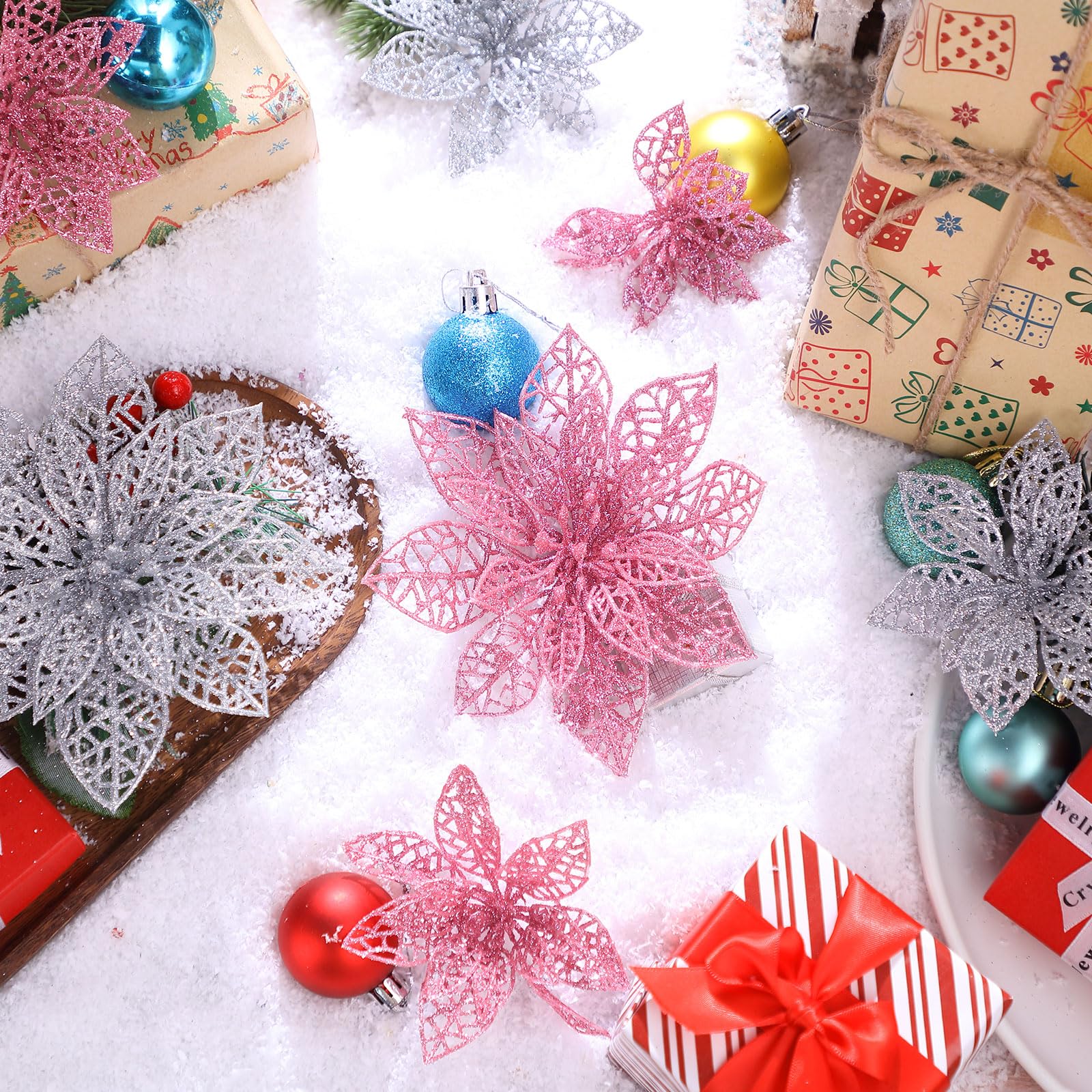 Boao 24 Pieces Christmas Poinsettia Tree Ornament Artificial Flowers Christmas Decoration Glitter Ornament, 3/4/6 Inches(Pink,Si