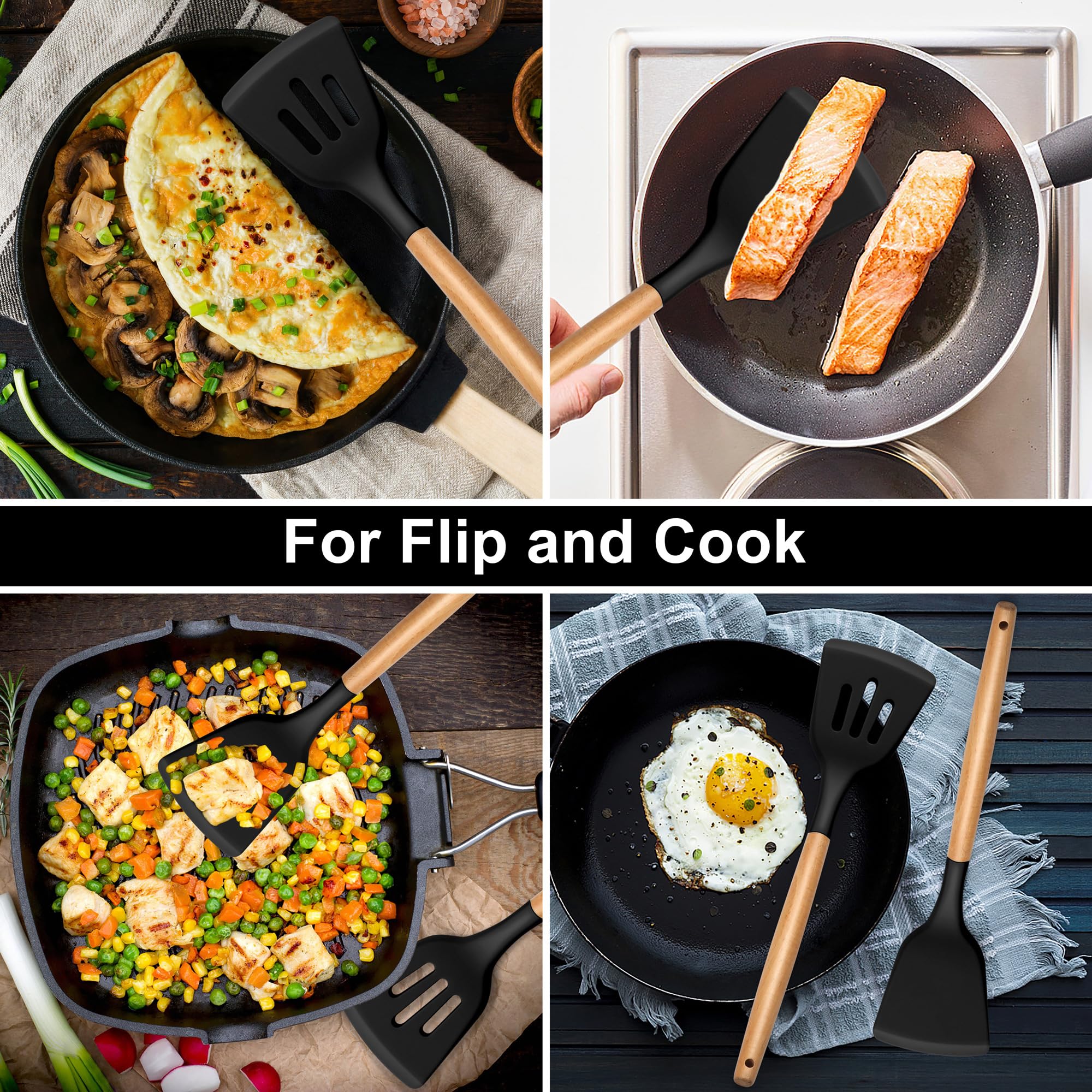 E-Far Silicone Spatula Turner, 2 Pack Heat Resistant Kitchen Spatulas For Nonstick Cookware, Rubber Solid Slotted Spatula Cookin