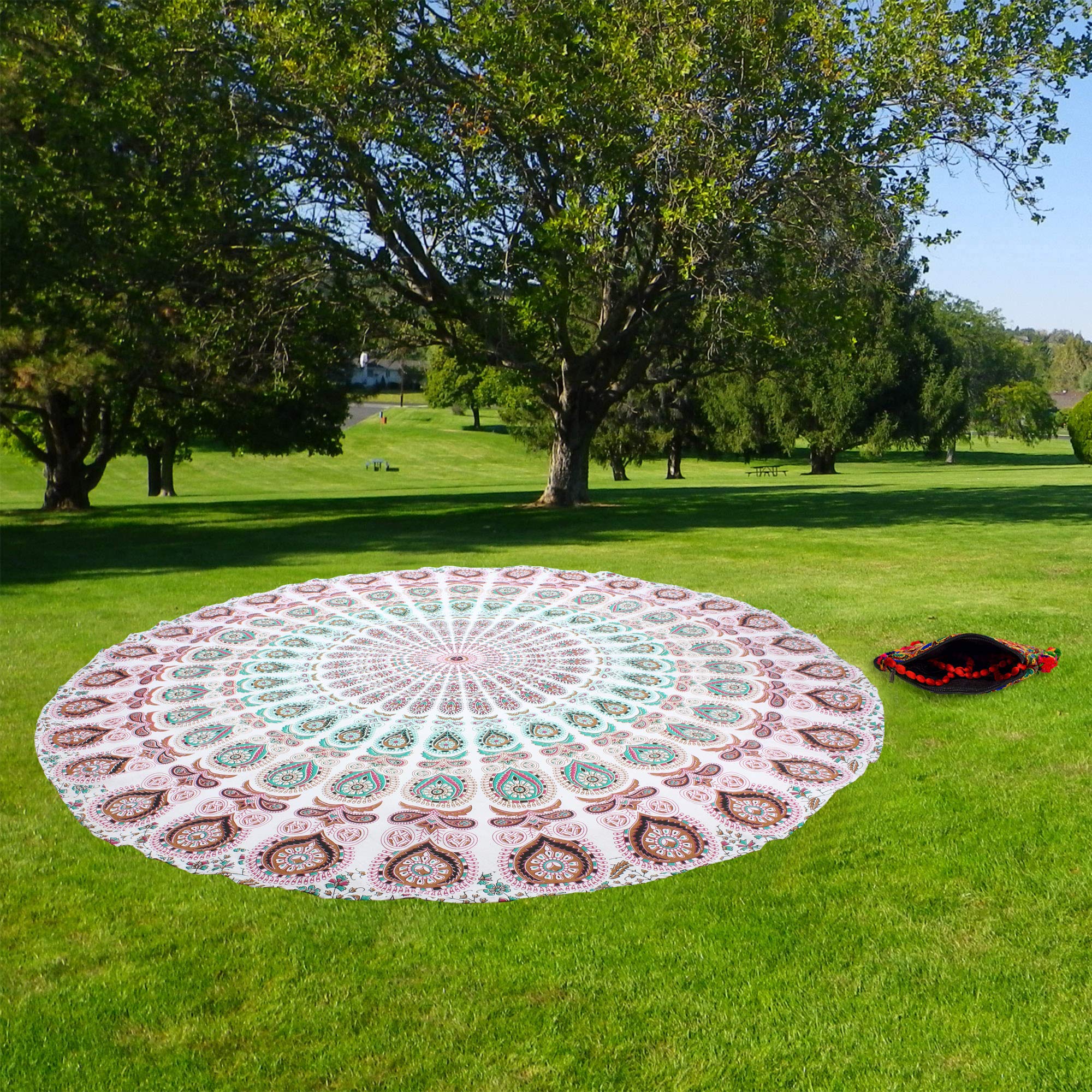 Raajsee White Brown Round Beach Tapestry Hippie/Boho Beach Blanket Mandala Roundie/Indian Cotton Throw - Round Tablecloth/Home D