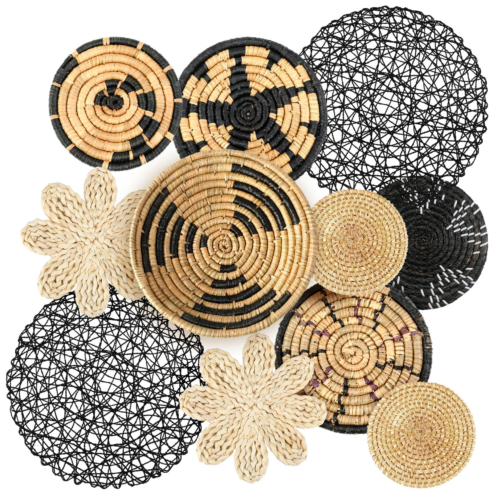 11 Pcs Boho Wall Basket Decor Decorative Bulrush Woven Basket Wall Decor Boho Art Round Farmhouse Hanging Baskets for Kitchen Ru