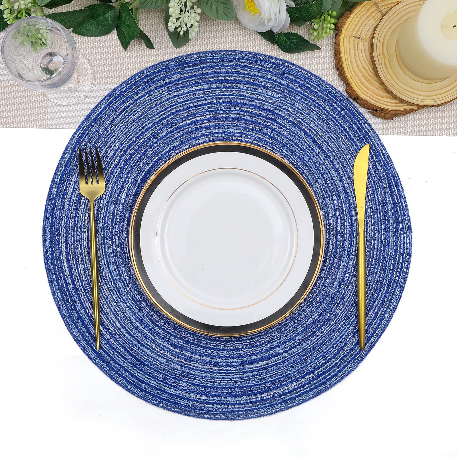 Shacos Round Braided Placemats 15 Inch Set Of 4 Washable Kitchen Table Placemats For Home Wedding Party (Blue White, 4)