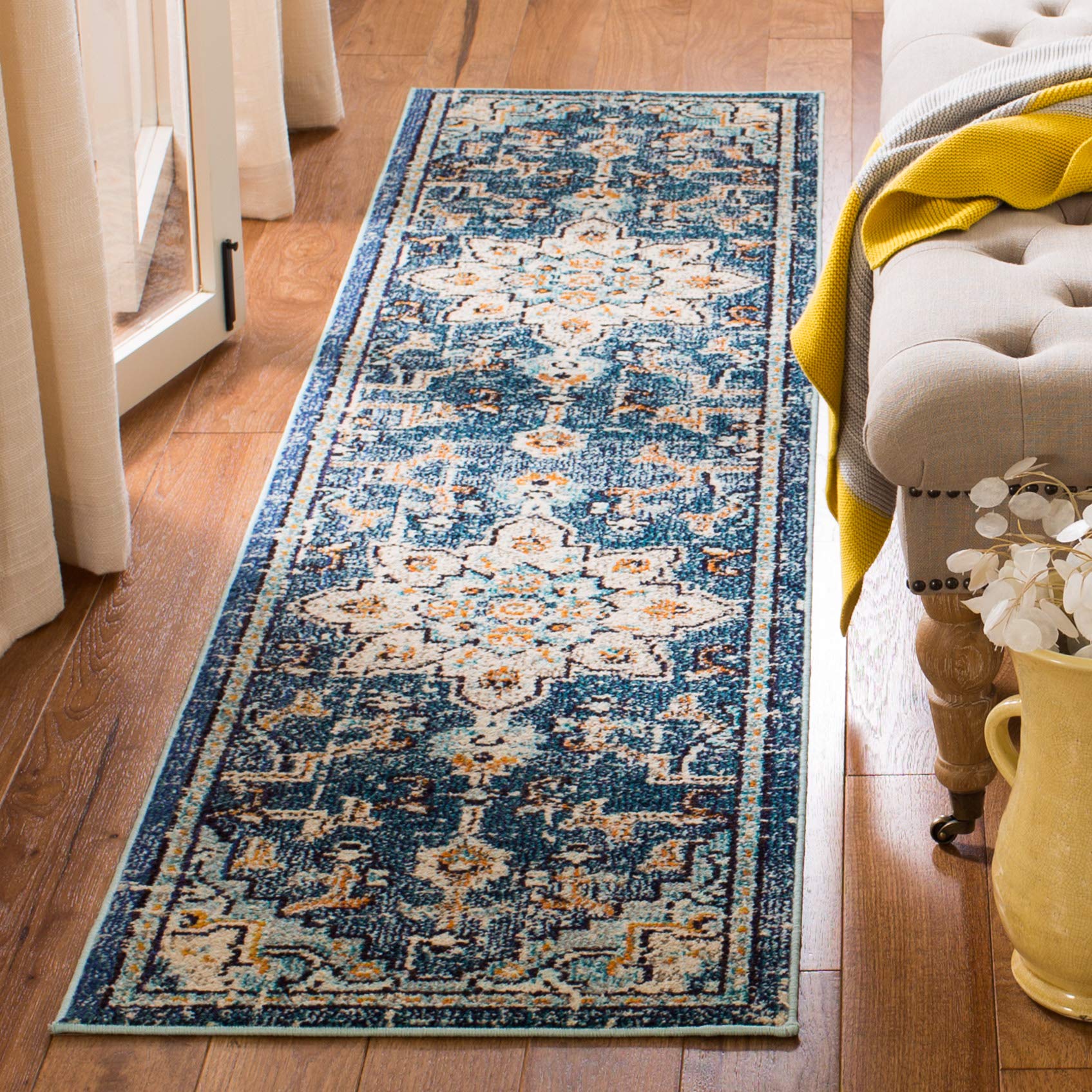 SAFAVIEH Madison Collection Runner Rug - 22 x 20, Blue & Light Blue, Boho Chic Medallion Distressed Design, Non-Shedding & Eas