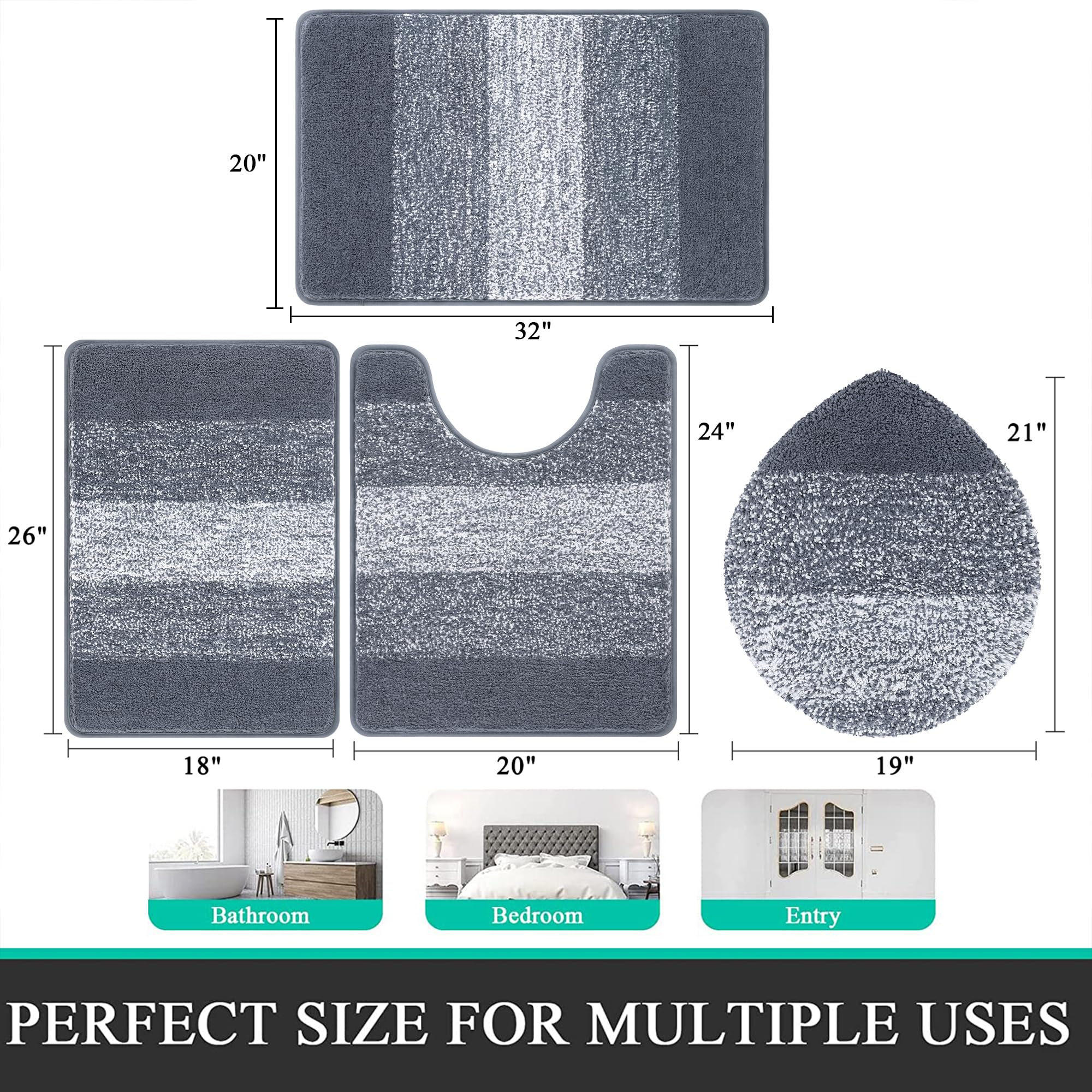 Bsmathom Bathroom Rugs Sets 4 Piece With Toilet Cover, Plush Shaggy Microfiber Non Slip Bath Rugs, Machine Washable Bathroom Mat