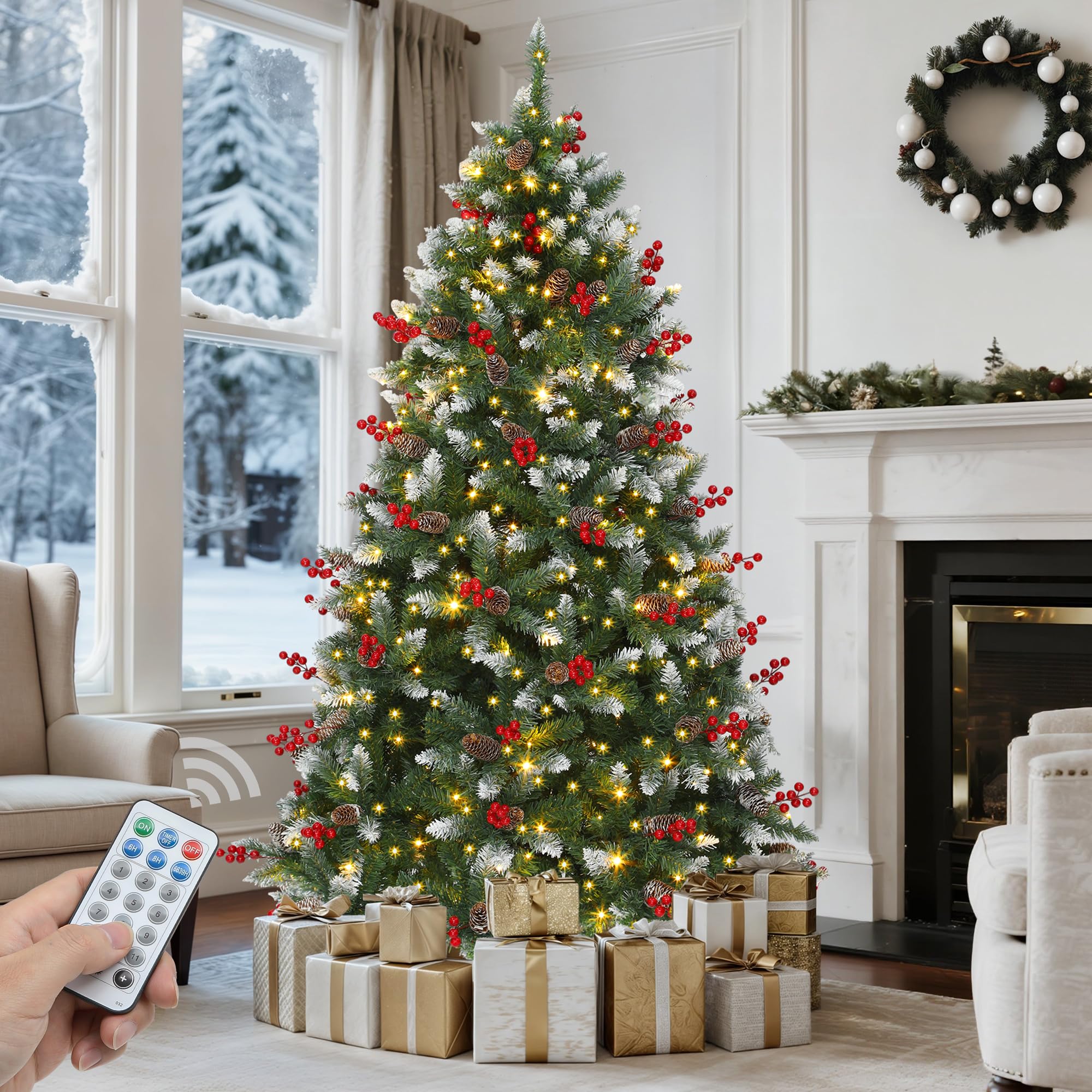 GOOBED Prelit Pre-Decorated Green Christmas Tree 6ft with Remote Control, Pre-Lit Hinged Artificial Xmas Tree w/ 818 Partially F
