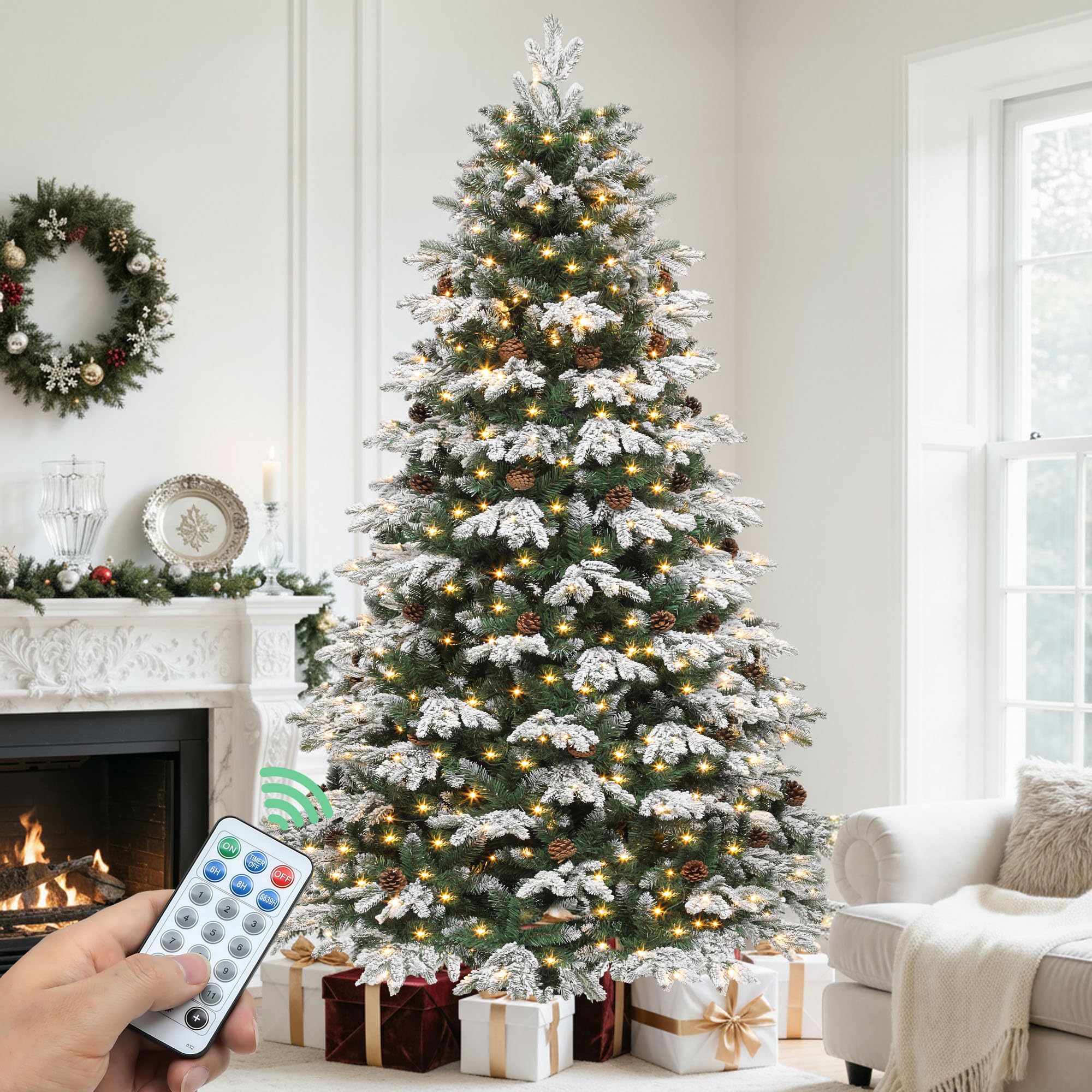 YITAHOME 6FT Prelit Christmas Tree with Remote Control, Hinged Artificial Pre-Decorated Tiered Flocked Christmas Tree w/ 900 PE 