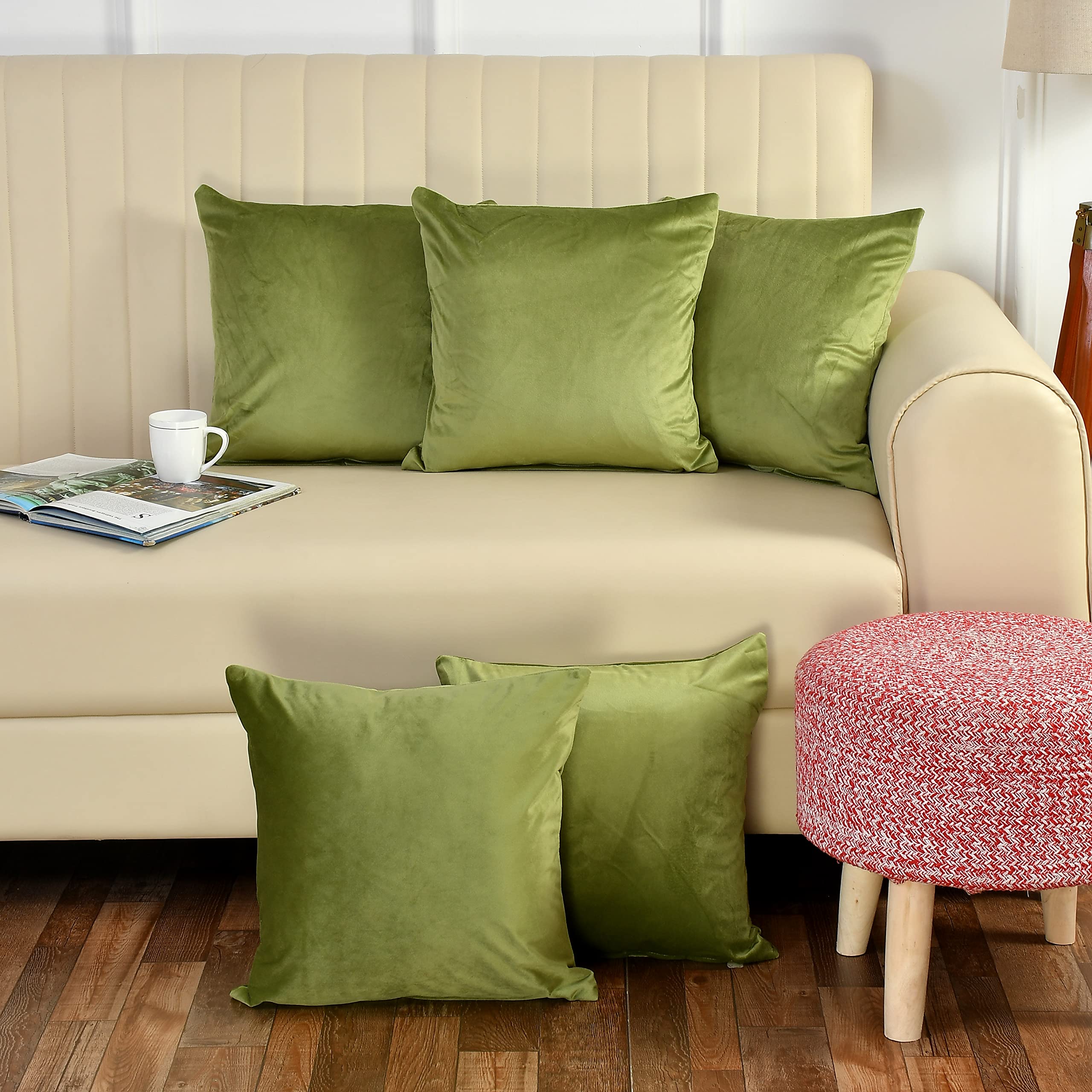 Stuffique Velvet Throw Pillow Cover 190 Tc Solid Plain Cushion Covers Set Of 5 For Sofa Couch Bed Chair 12 X 12 Inch, Pista