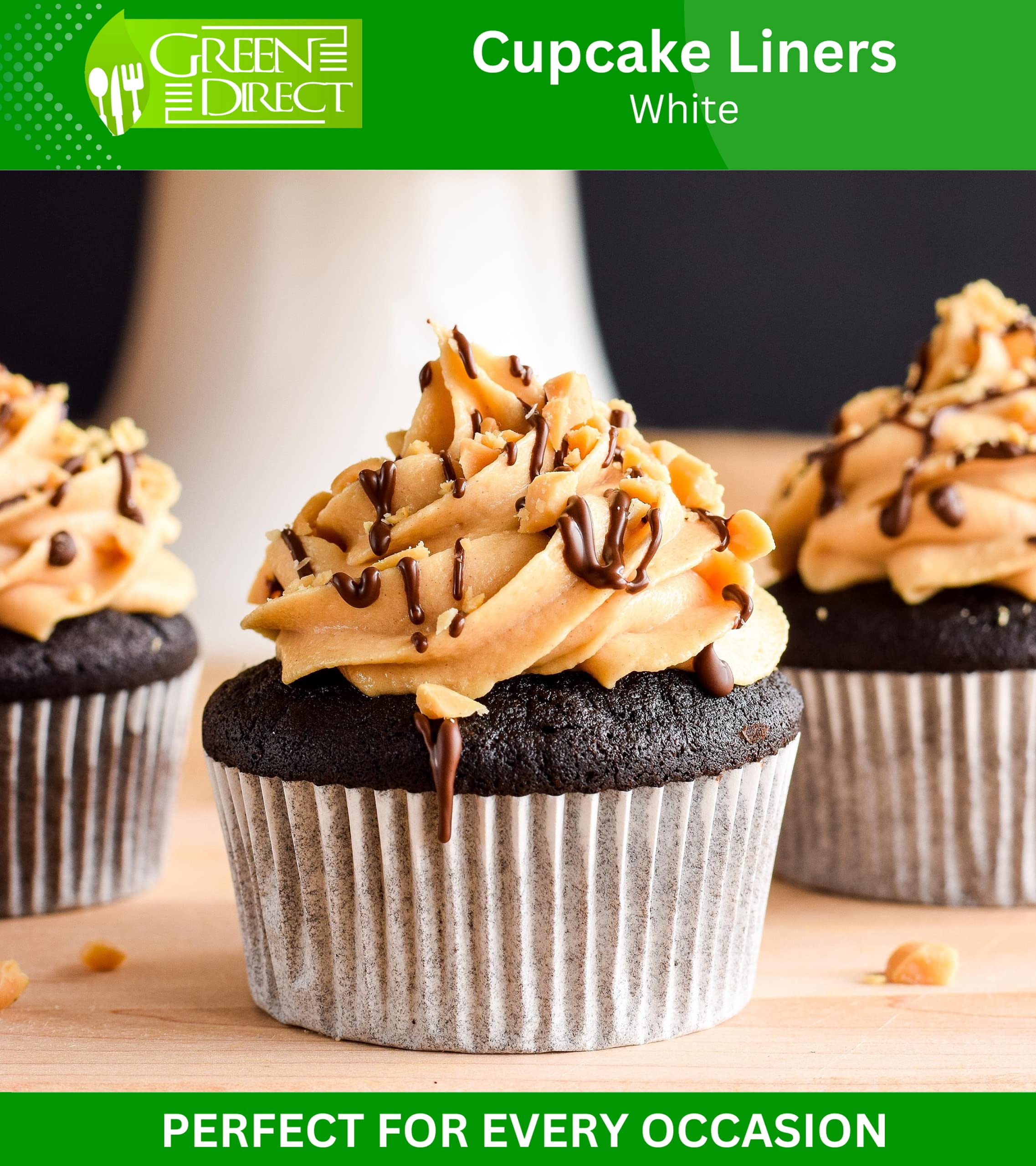 Green Direct Cupcake Liners - Standard Size Cupcake Wrappers To Use For Pans Or Carrier Or On Stand - White Paper Baking Cups Pa
