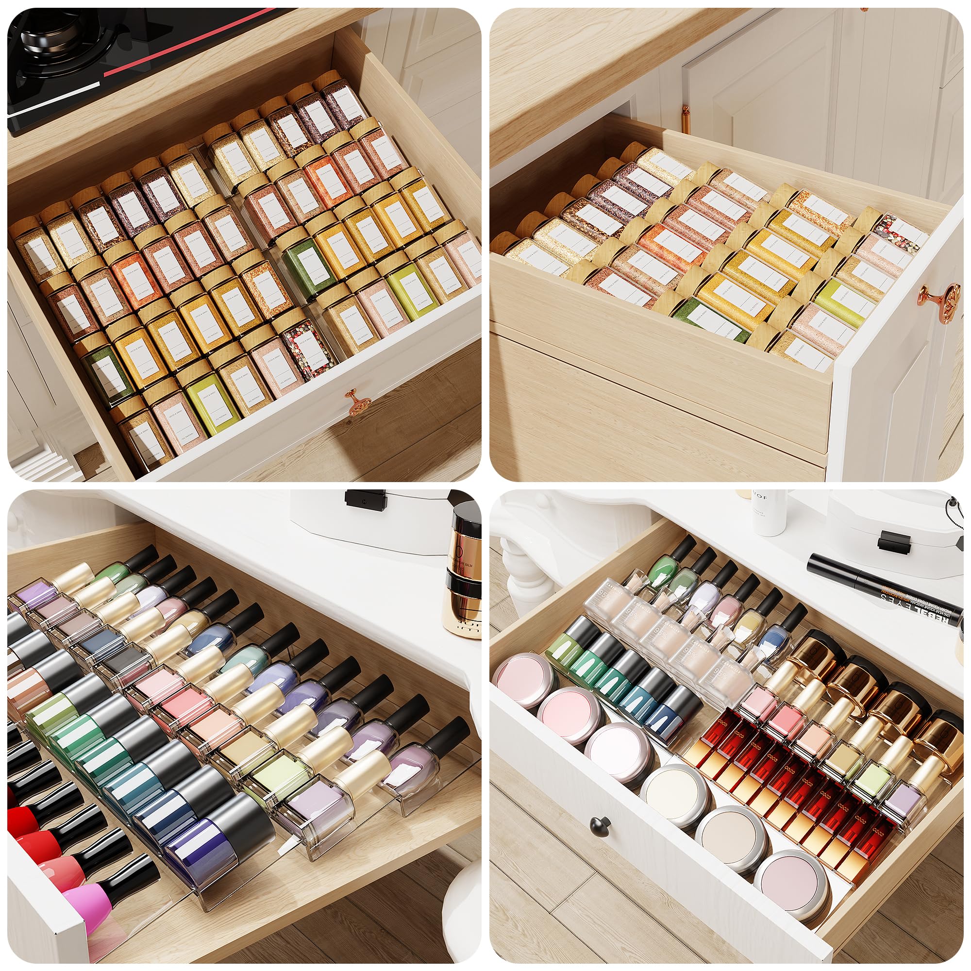 Jadehom Spice Drawer Organizer, 4 Tier Clear Acrylic Expandable From 13 '' to 26 '' Seasoning Jars Drawer Insert, Kitchen Drawer