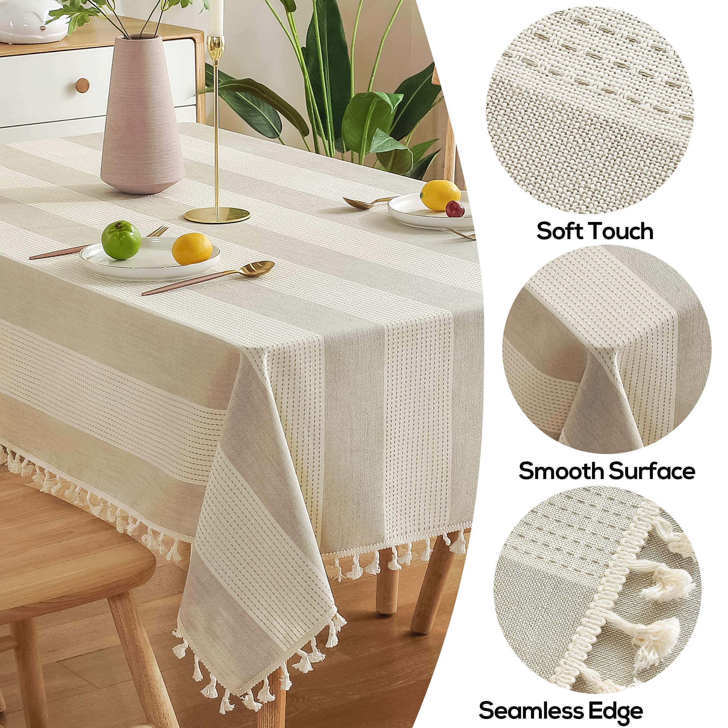 AmHoo Stitching Tassel Tablecloth Striped Table Cloth Rectangle Cotton Linen Dust-Proof Table Cover for Kitchen Dinning 54 x 86 Inch Beige