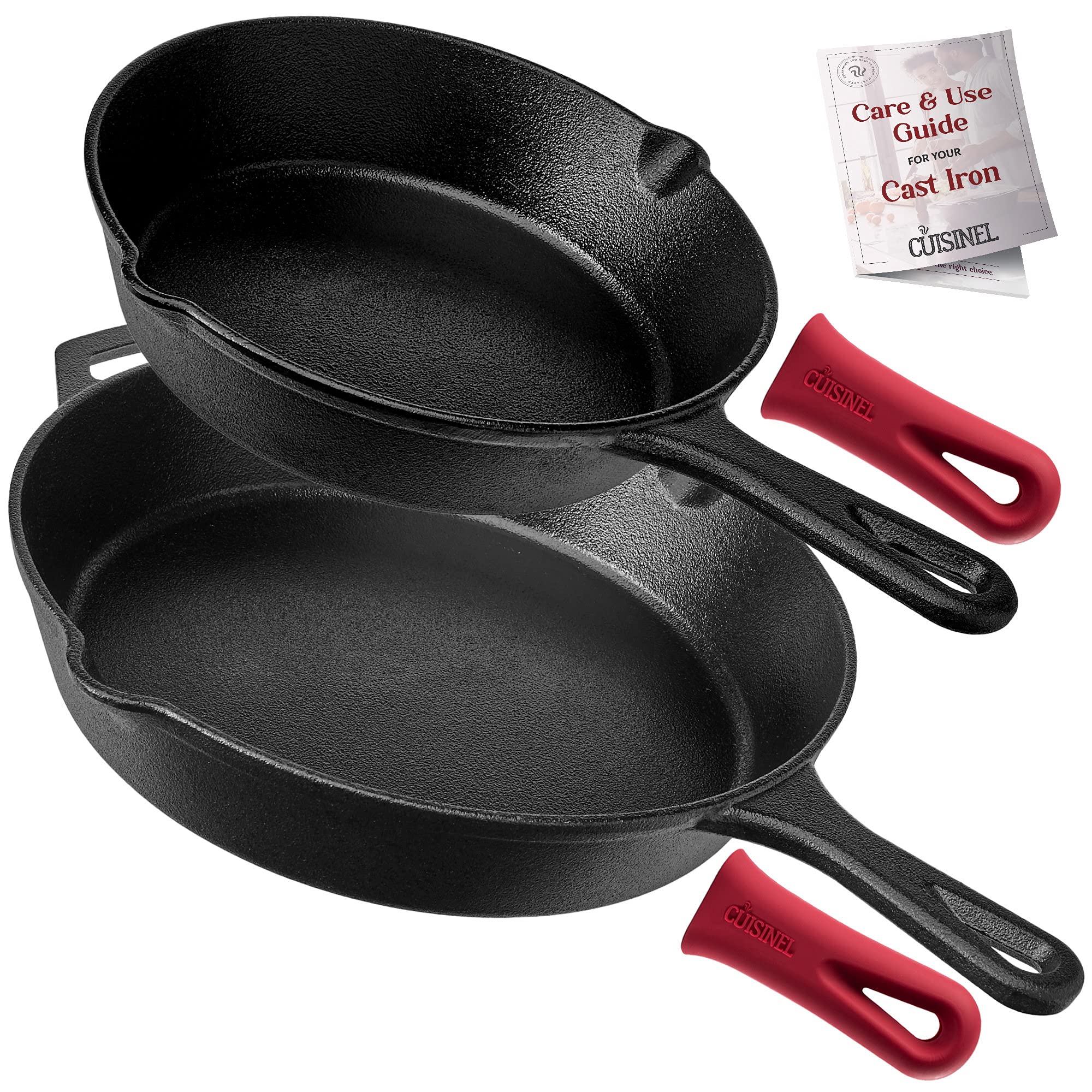 Pre-Seasoned Cast Iron Skillet Set (8-Inch and 12-Inch) Oven Safe Cookware - Heat-Resistant Holders - Indoor and Outdoor Use - G