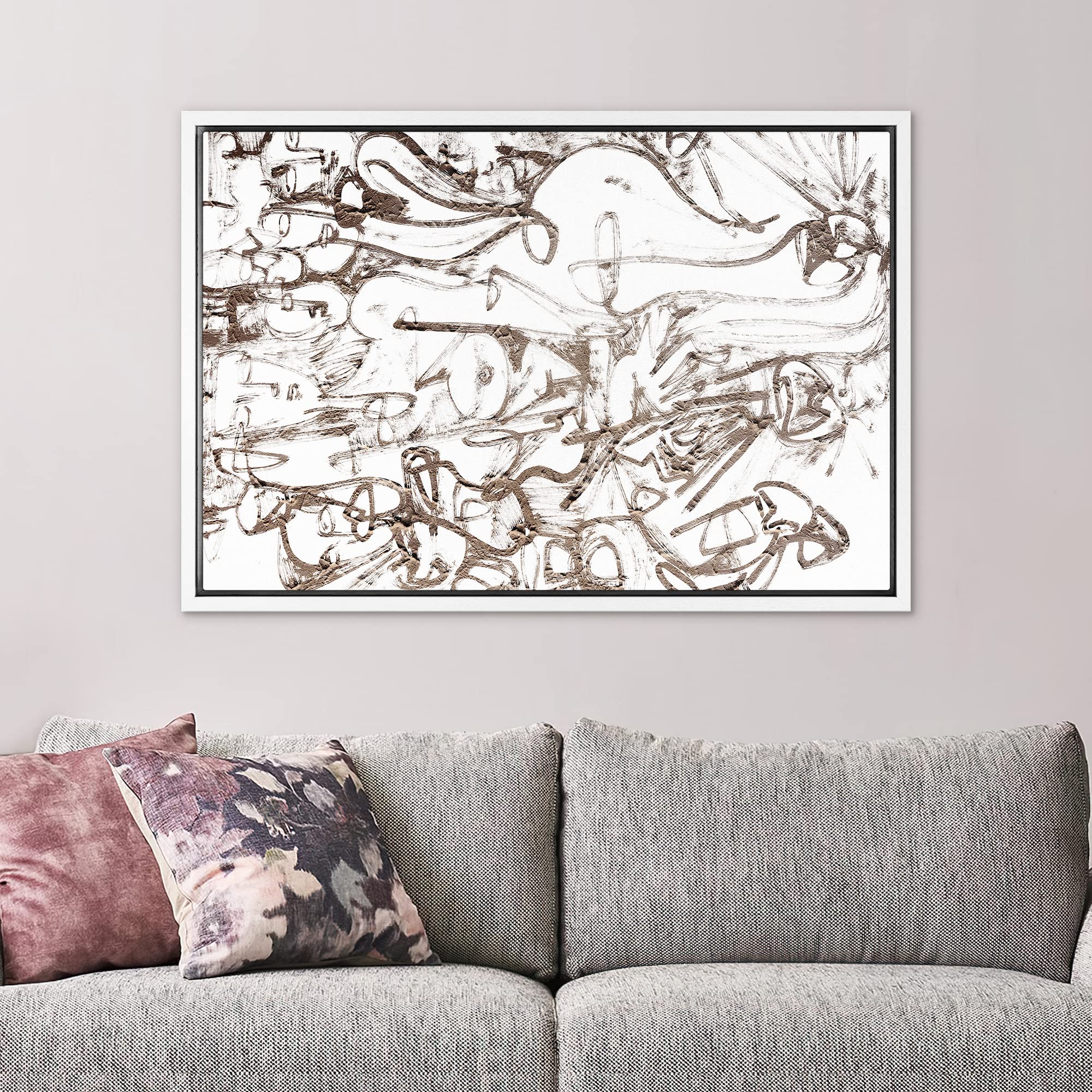 SIGNWIN Framed Canvas Print Wall Art Brown Paint Stroke Graffiti Landscape Abstract Geometric Illustrations Modern Art Minimalism Relax/Calm Zen for Living Room  Bedroom  Office - 24''x36'' WHITE