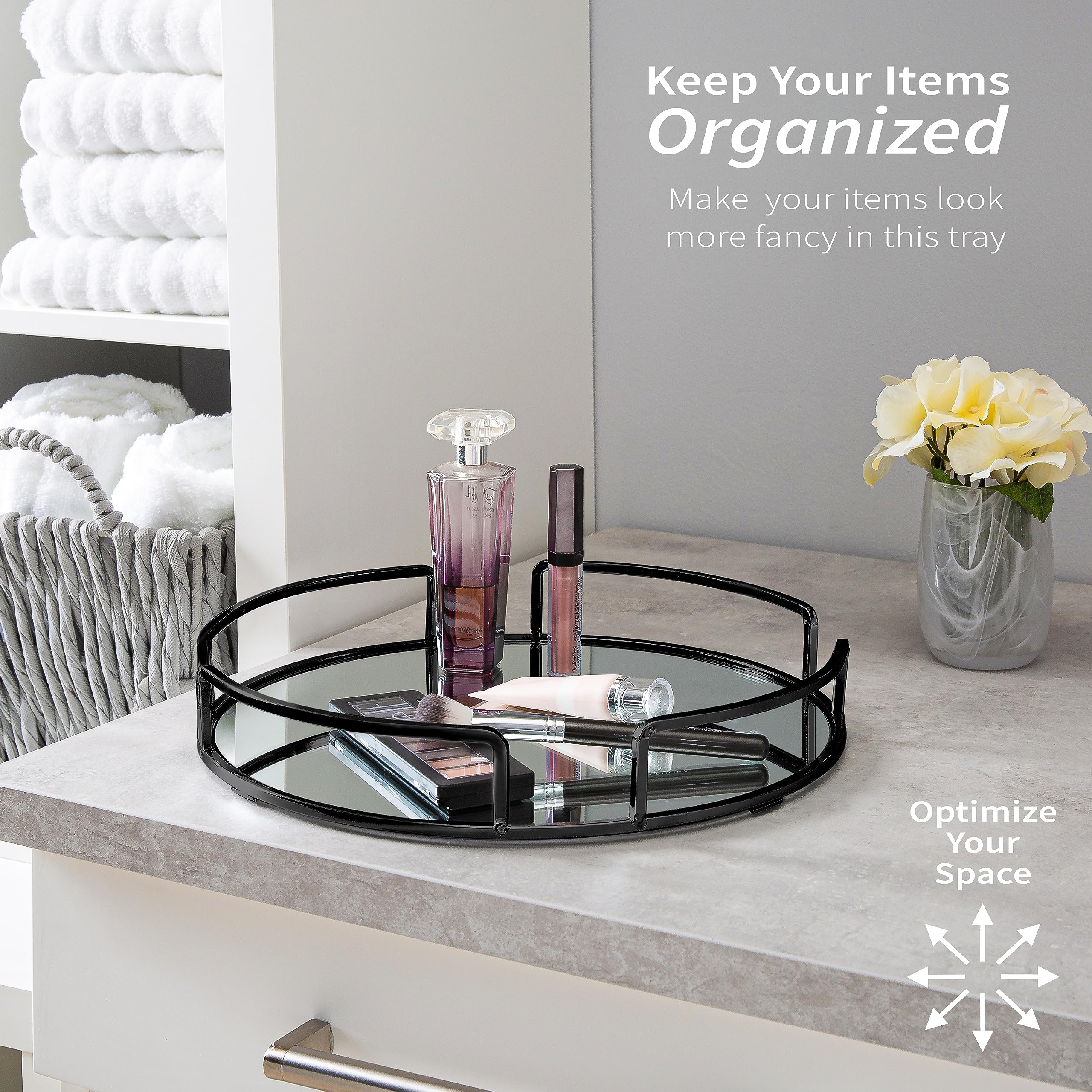 Home Details Rounded Mirrored Vanity Tray | Dimensions : 12.99'' L X 12.99'' W X 2.05'' H | Glass Base | Great For Cosmetics | J