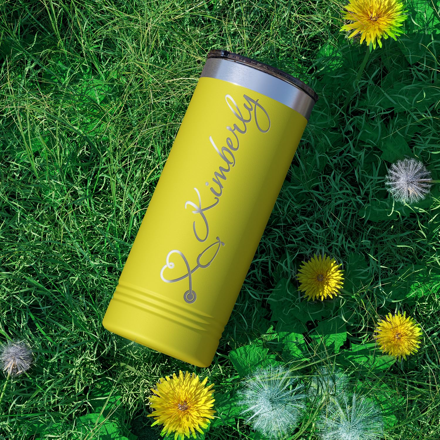 Personalized Nurse Heart Stethoscope, Rn, Lpn, Cna, Cma, Ma On Yellow 22 Oz Stainless Steel Skinny Tumbler Custom Engraved Nurse