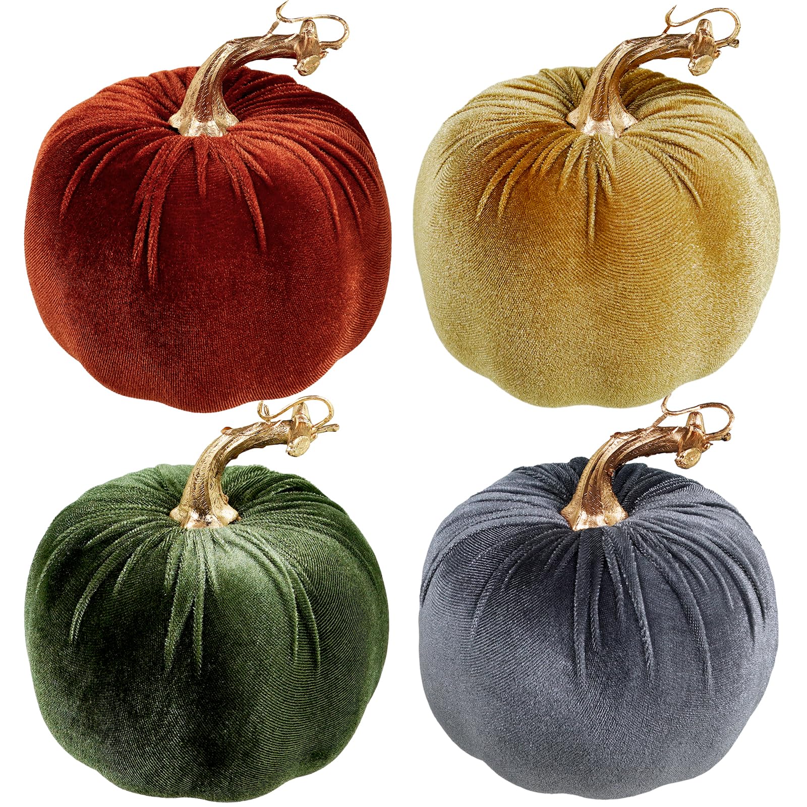 Winlyn 4 Pcs Assorted Faux Rustic Harvest Velvet Pumpkins Decorative Fabric Pumpkins Foam Pumpkins in Rust Gold Olive Gray 5 for