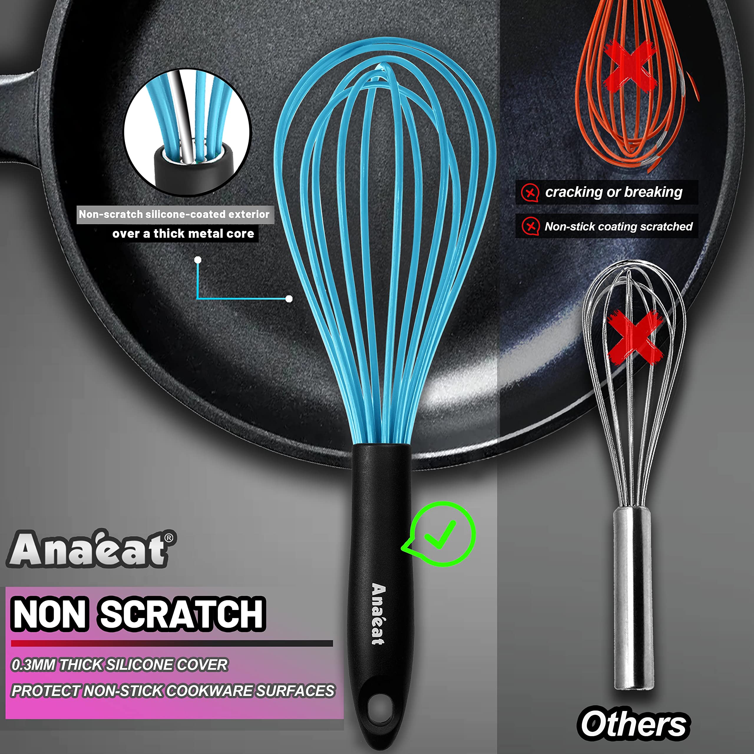 Anaeat Silicone Kitchen Whisk Set Of 4, Perfect For Non-Stick Cookware, Milk And Egg Beater Blender For Whisking, Cooking, Bakin