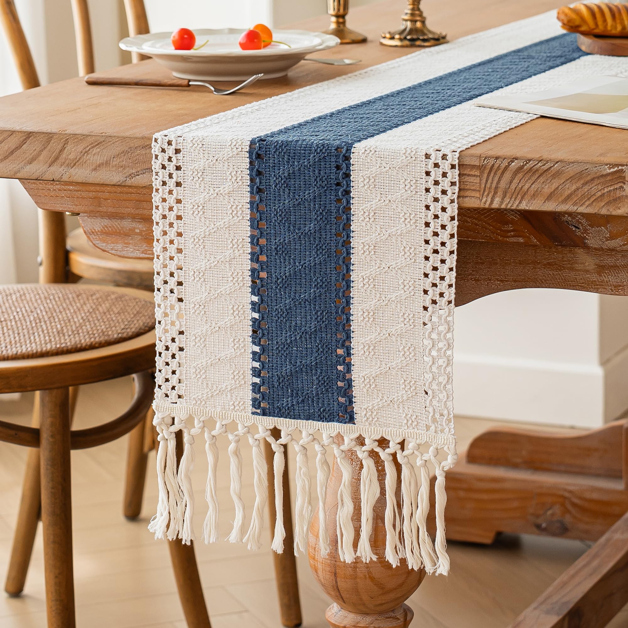 FEXIA Boho Table Runner for Home Decor with Tassels 60 Inches Long,Blue Farmhouse Rustic Table Runner Macrame Burlap Table Decor