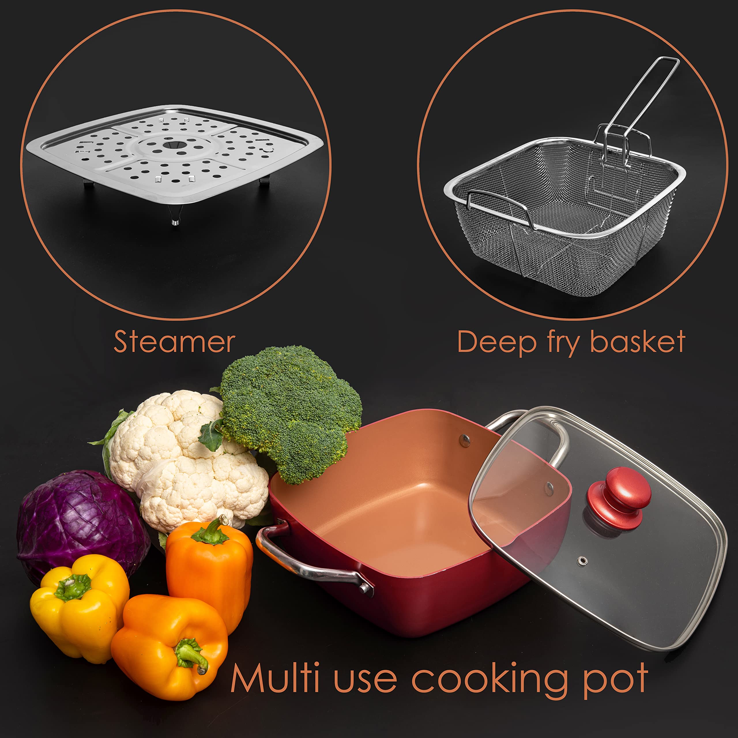 Moss & Stone Copper 5 Piece Set Chef Cookware, Non Stick Pan, Deep Square Pan, Fry Basket, Steamer Tray, Dishwasher & Oven Safe,