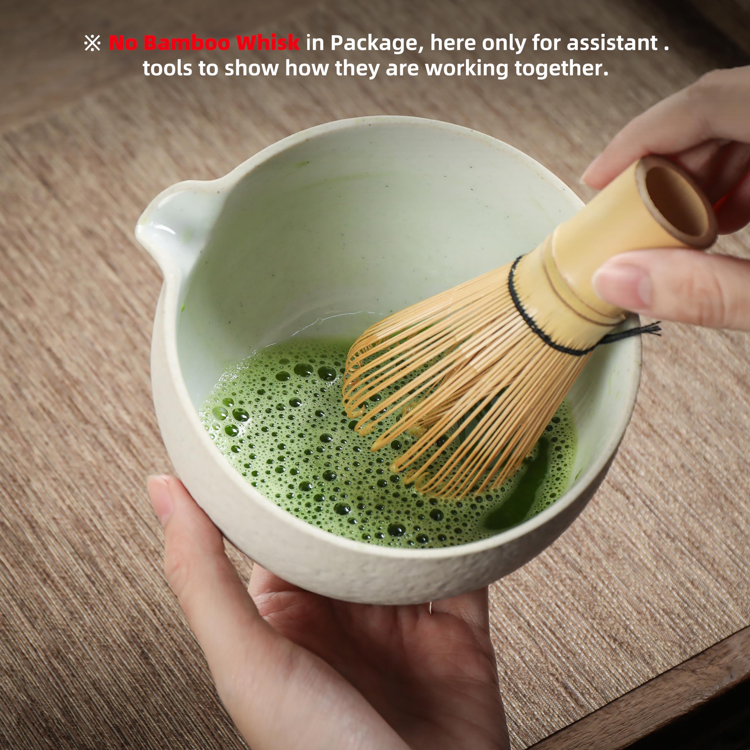 Teanagoo Japanese Natural Rock Texture Matcha Chawan (Pouring Spout) With Whisk Rest, 18 Oz, K13, Lt. Grey, Matcha Tea Bowl, Cer