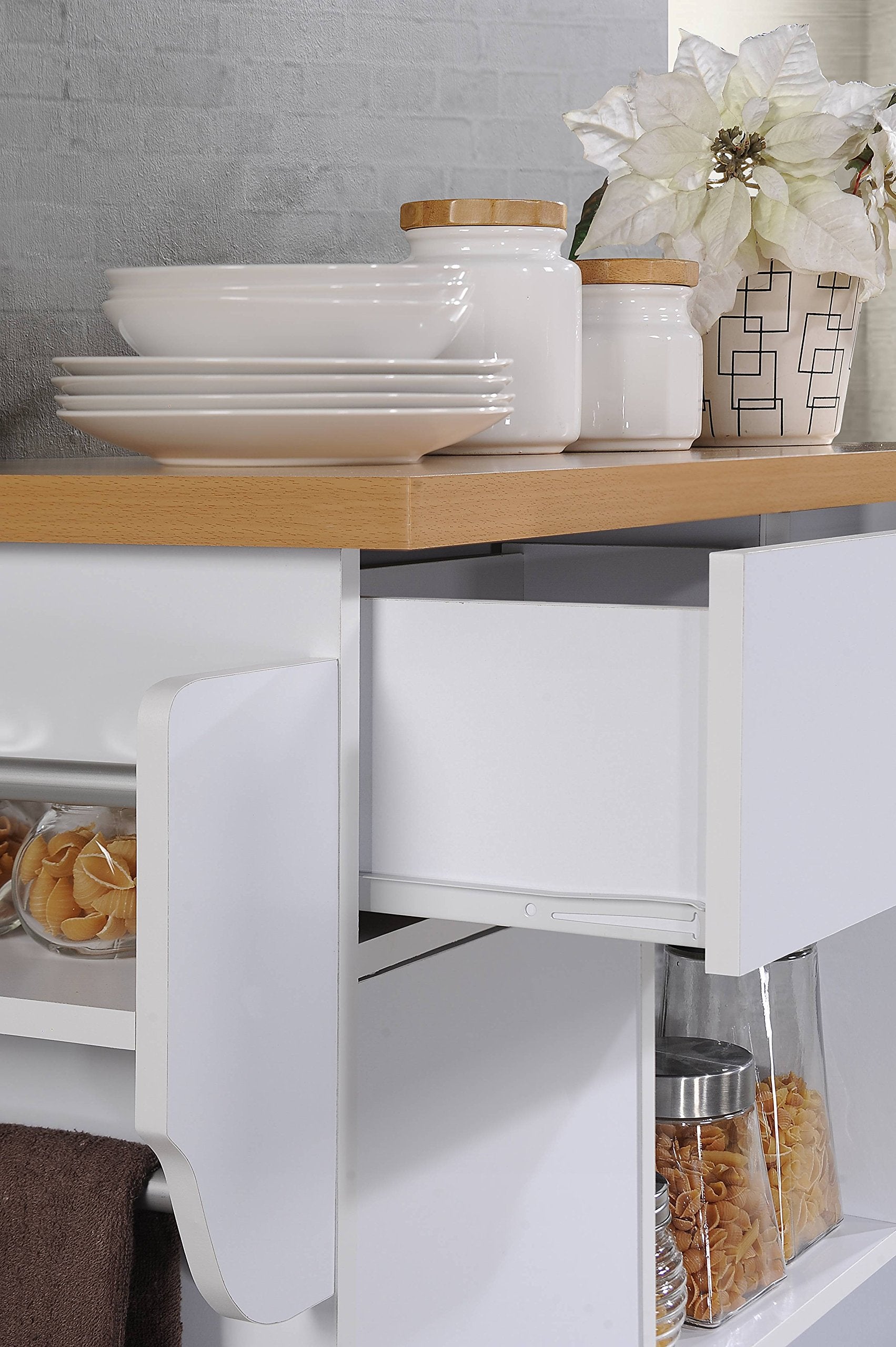 Hodedah Kitchen Island with Spice Rack plus Towel Holder in White