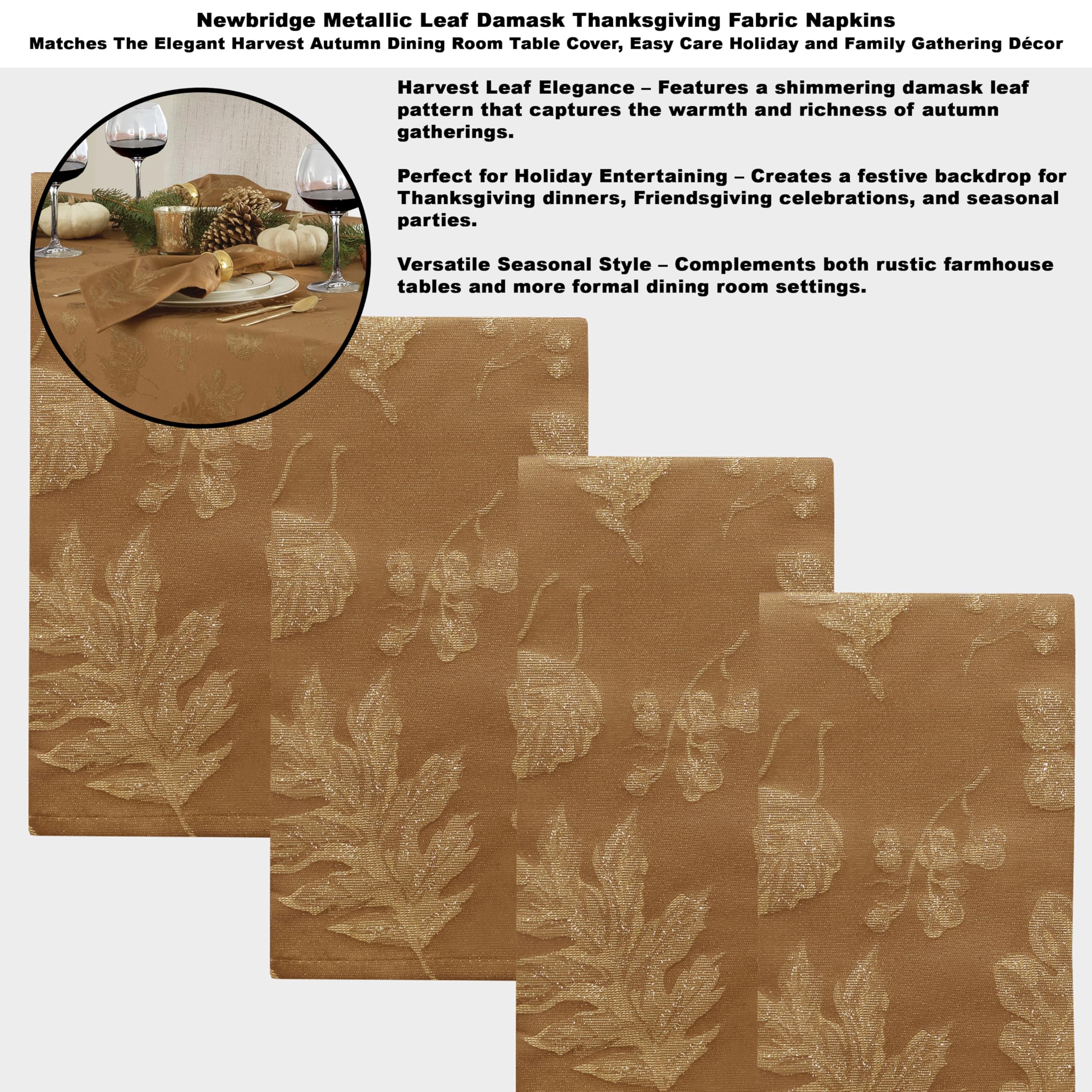 Newbridge Metallic Autumn Leaf Damask Fall  Thanksgiving Fabric Tablecloth  Fall Rustic Swirling Leaves Soil Resistant Easy Care Tablecloth  60? x 144? Oblong/Rectangle  Bronze/Gold