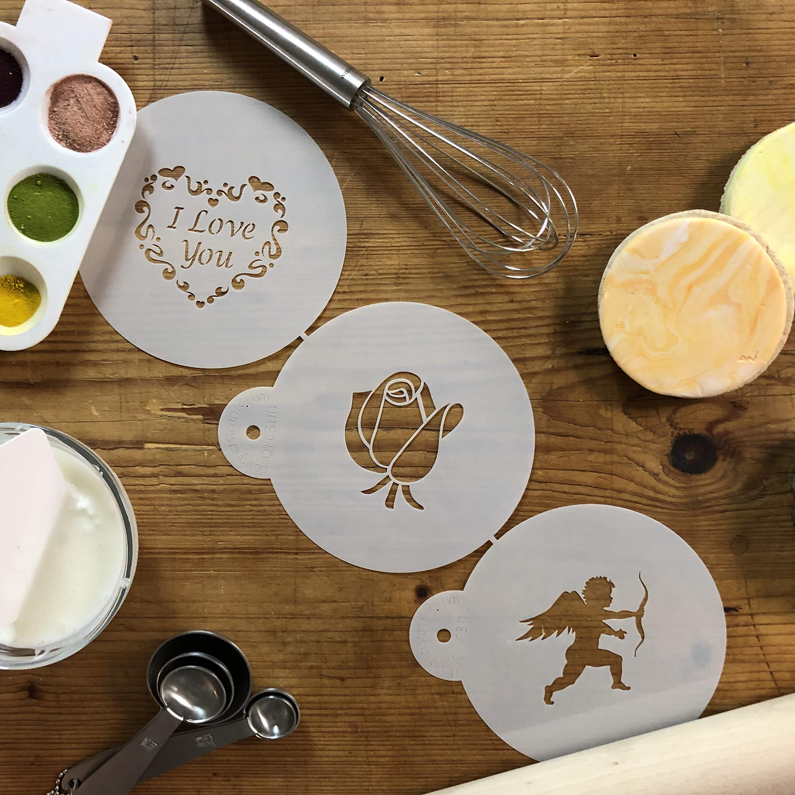 Designer Stencils I Love You Cookie Stencils, (Cupid, Rose, Heart), Beige/Semi-Transparent