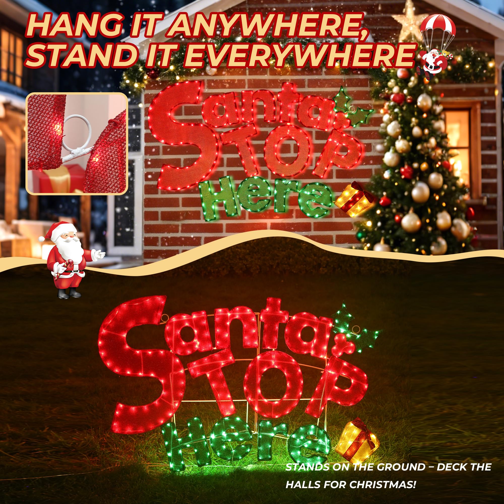 47  L Large Lighted Santa Christmas Decorations Outdoor Christmas Decorations  Santa Stop Here  Sign Plug-in Outodoor Holiday De