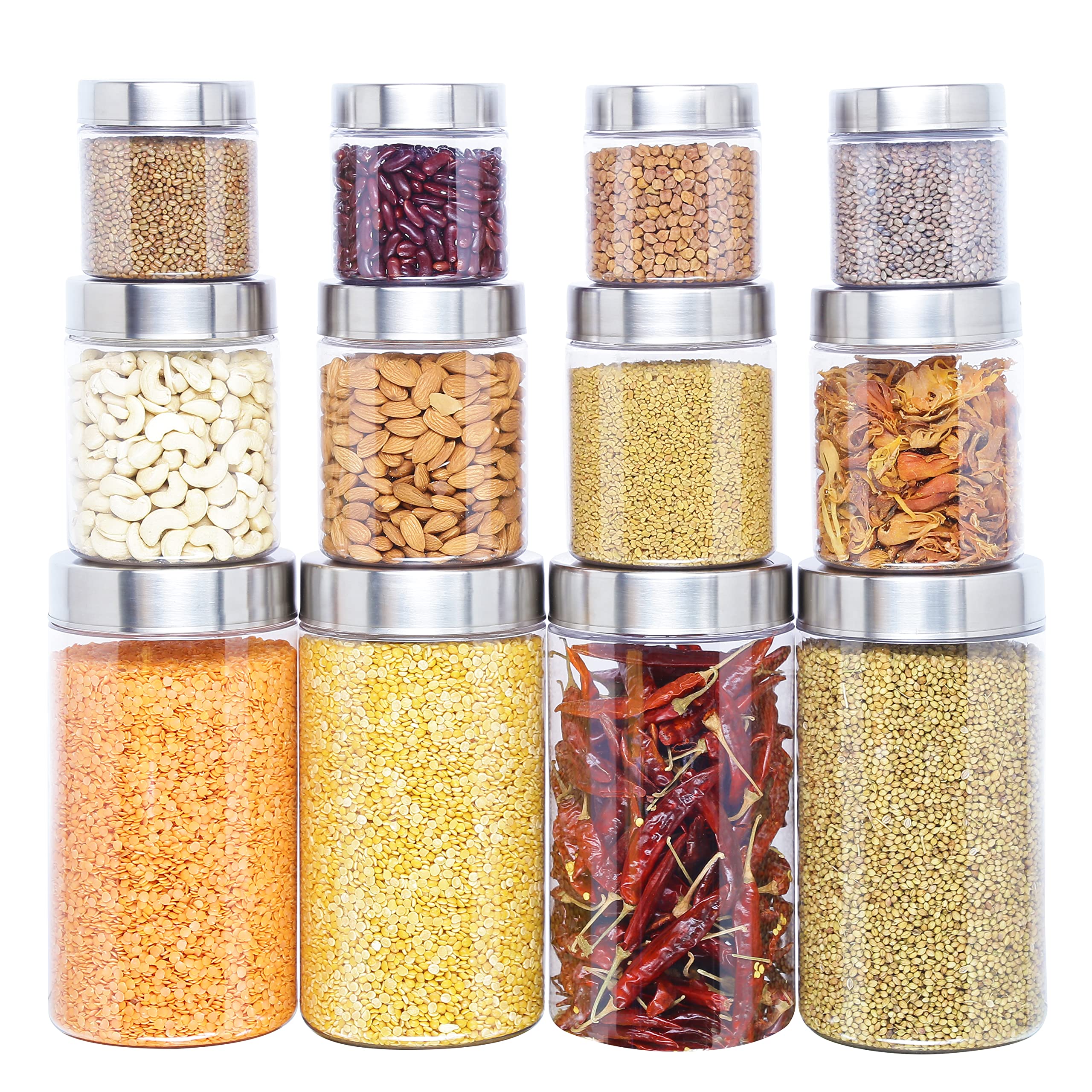 Kolorr Classic Plastic Pet Jar Kitchen Storage Organiser Containers Set Of 12 (500Ml X 4, 1000Ml X 4, 2700Ml X 4)  Transparent