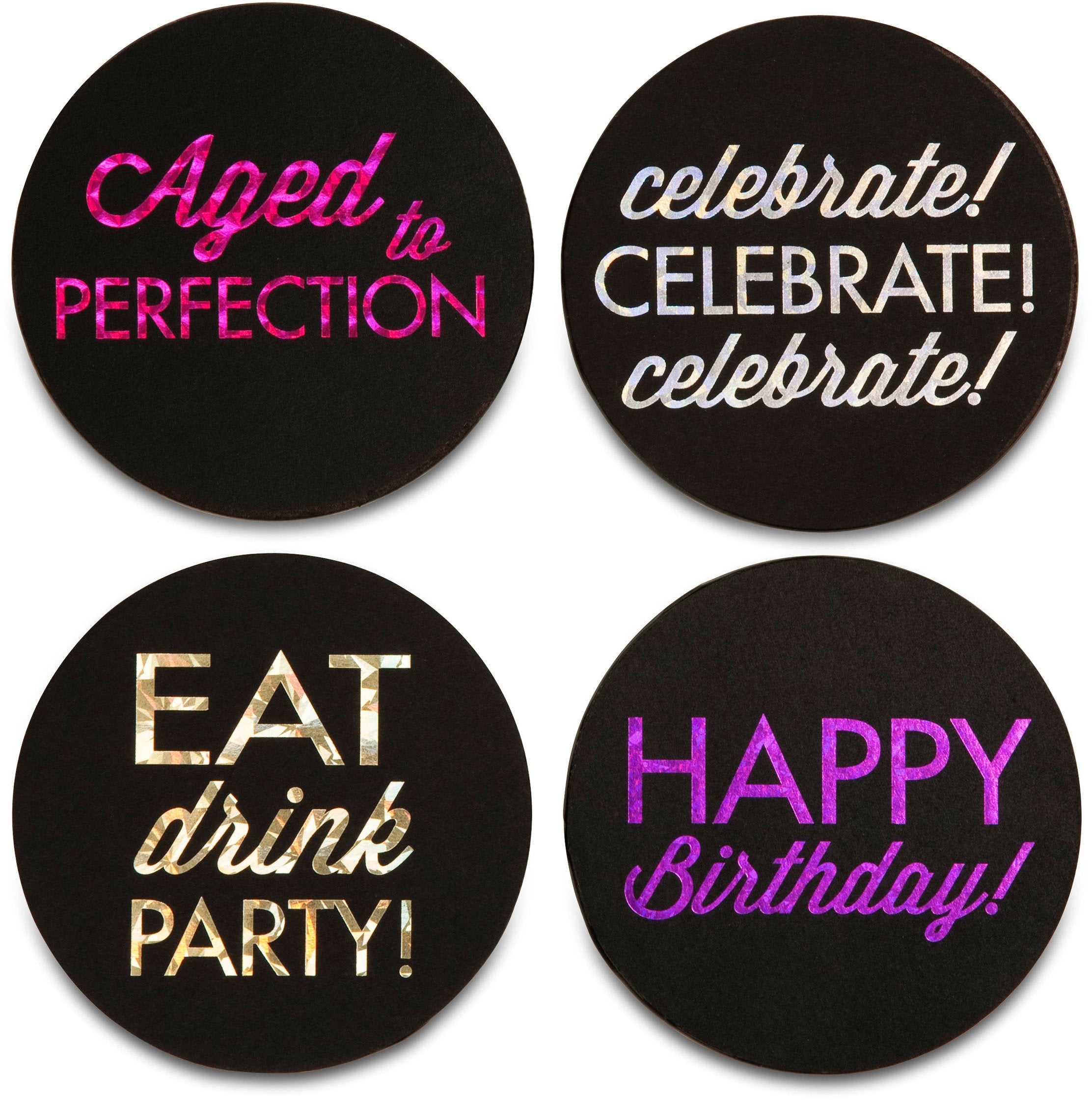 Pavilion Gift Company Hiccup-Happy Birthday Themed Sparkle Round Drink Coasters, Regular, Multicolor