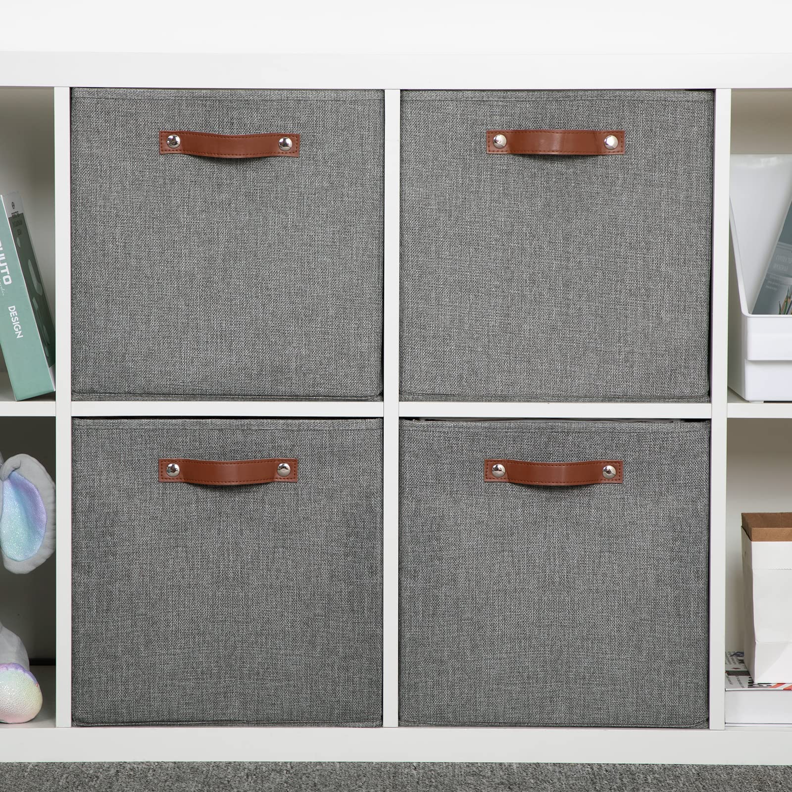 HNZIGE Fabric Storage Cubes Bins Baskets for Shelves Set of 4 Baskets  13 Inch Storage Bins with Handles  Foldable Storage Cube Organizer Bins Closet Bins Organizing Home Nursery Cubby Room (Gray)