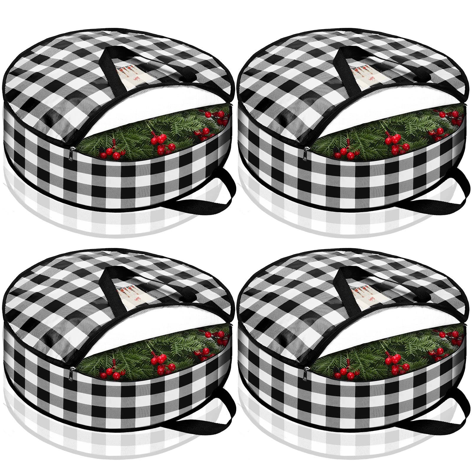 Sadnyy 4 Pcs Christmas Wreath Storage Bag 24 Inch Large Wreath Storage Container Buffalo Plaid Garland Container Waterproof Wrea