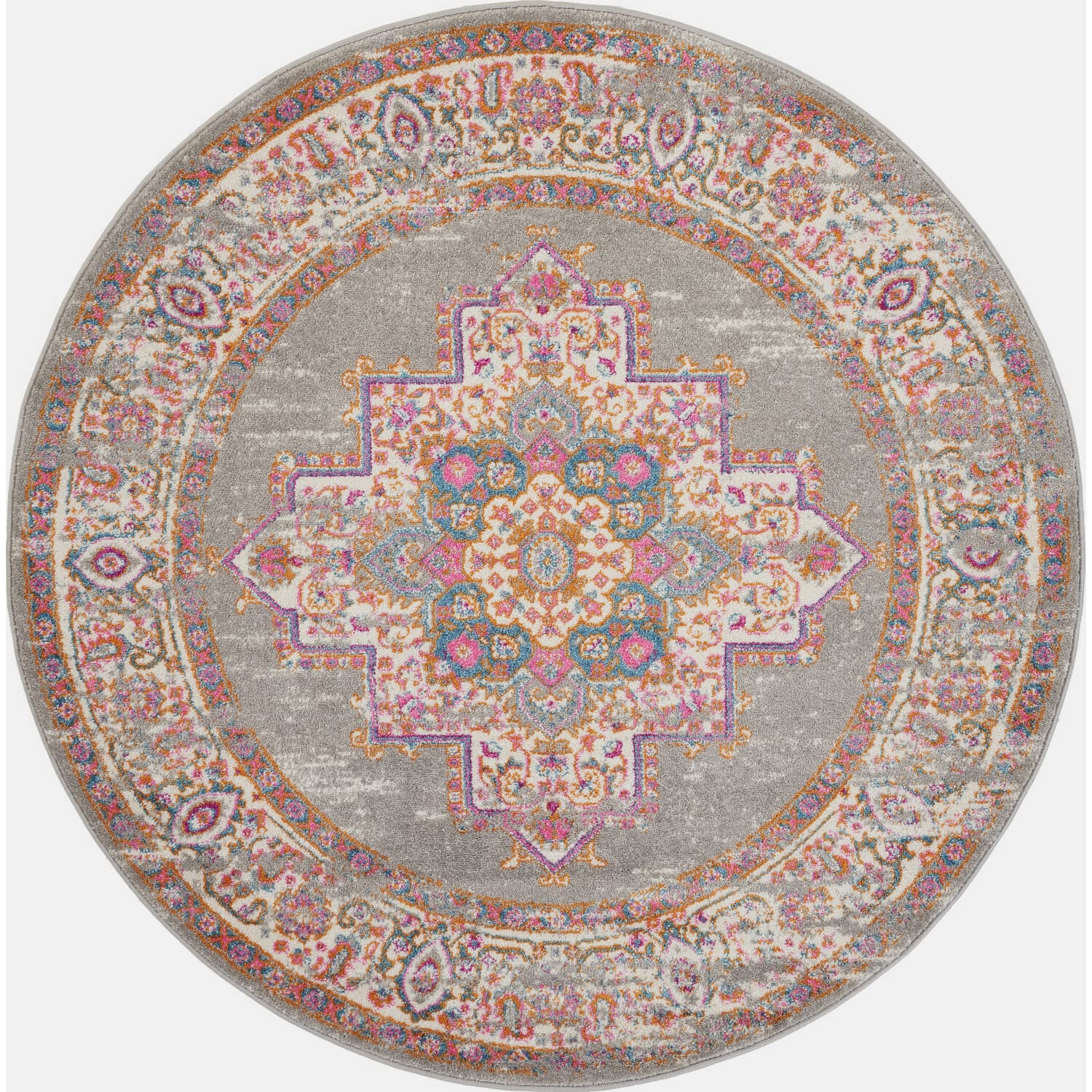 Nourison Passion Grey 8 x Round Area -Rug, Boho, Traditional, Easy -Cleaning, Non Shedding, Bed Room, Living Room, Hallway, (8