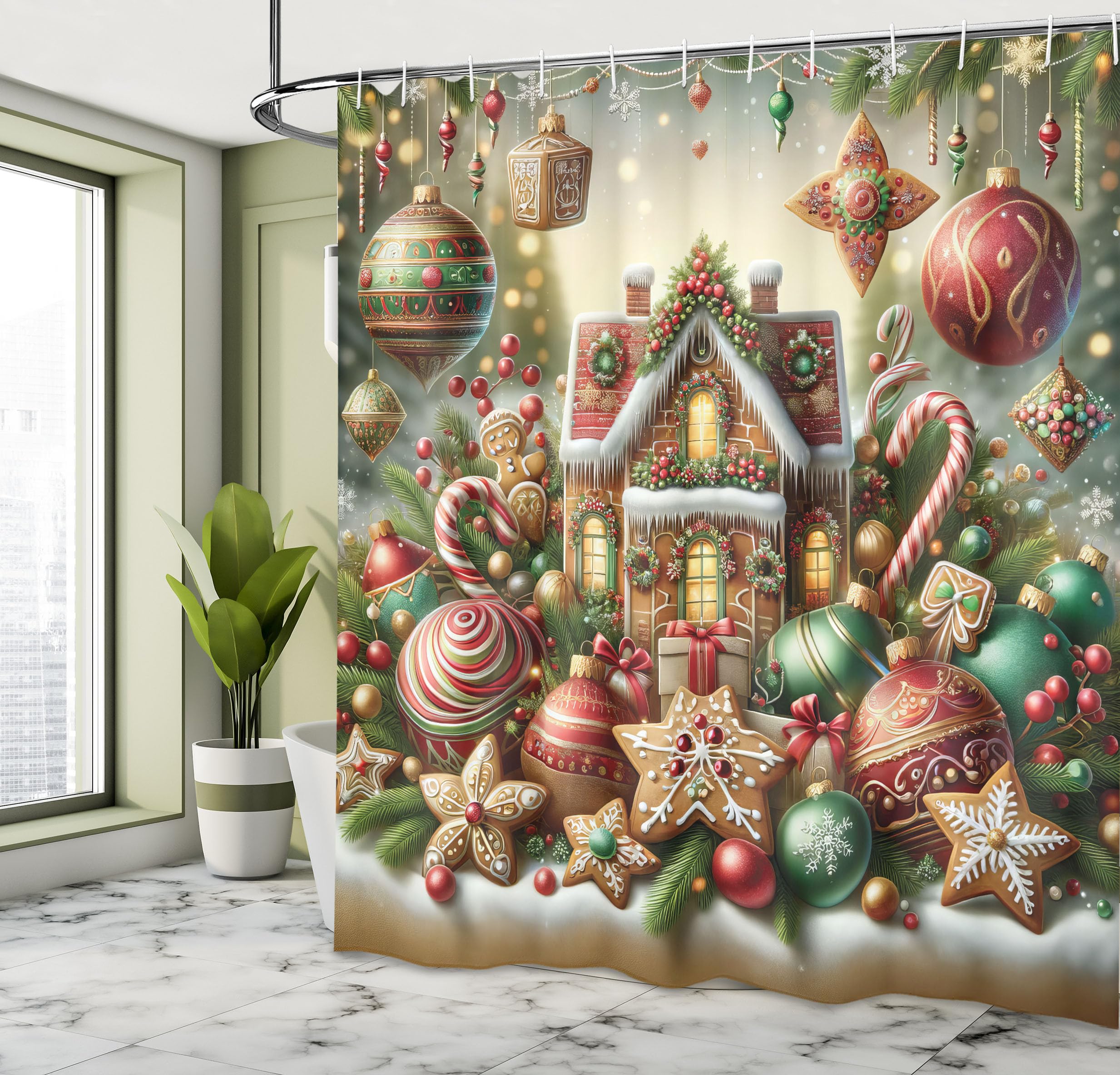 Ambesonne Christmas Shower Curtain, Gingerbread House With Jumble Xmas Ornaments With Snowy Details, Cloth Fabric Bathroom Decor
