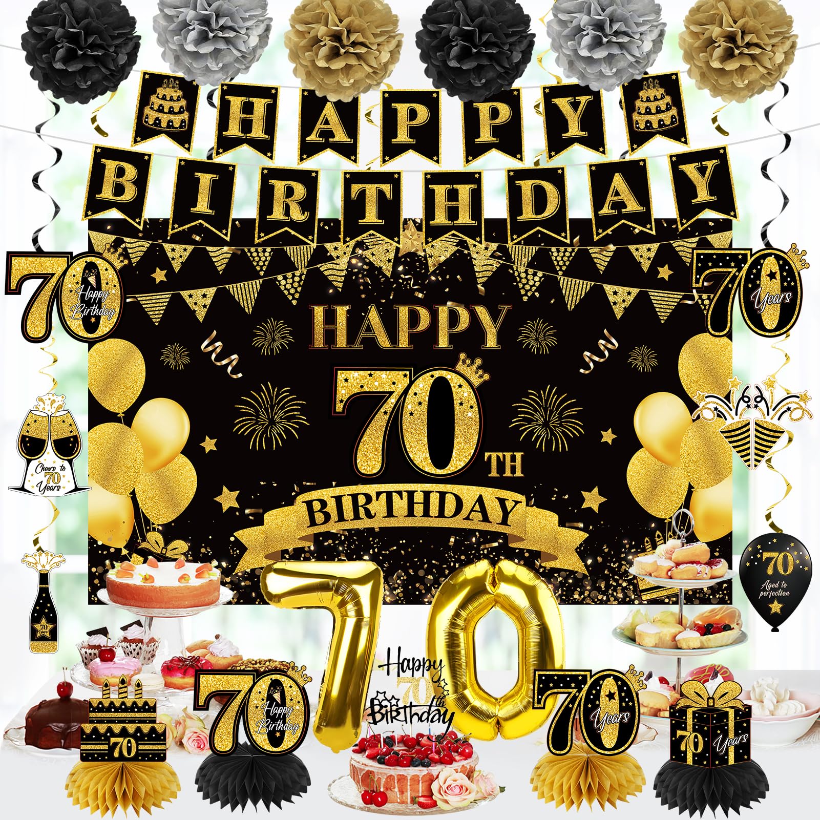 Eucutur 42Pcs 70Th Birthday Decoration Kit For Men Women, Black Gold Happy 70Th Bday Banner Balloons Honeycomb Centerpiece Swirl