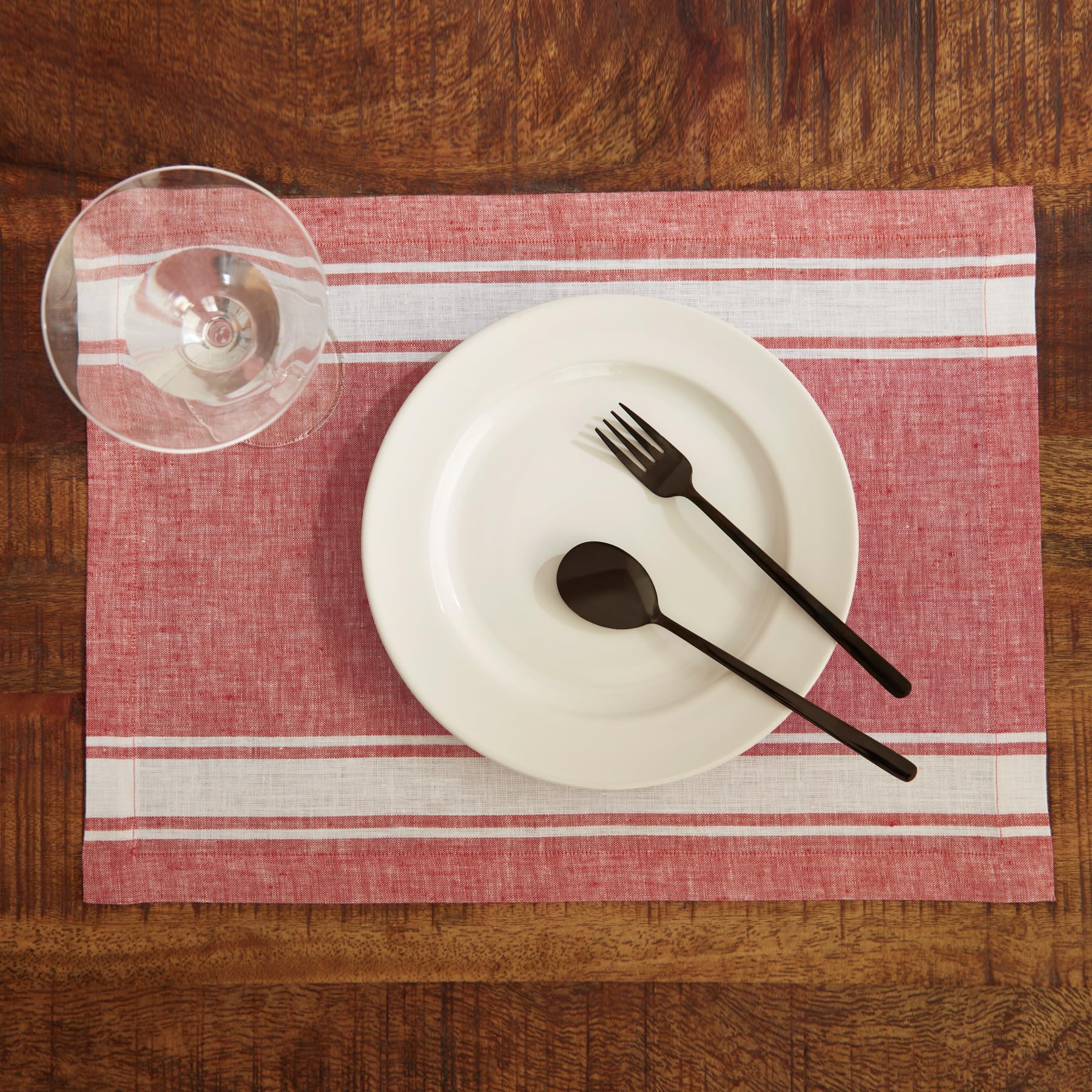 Solino Home Stripe Linen Placemats 19'' L X 14'' W Inch - 100% Pure Linen Farmhouse Stripe Red And White Cloth Placemats Set Of